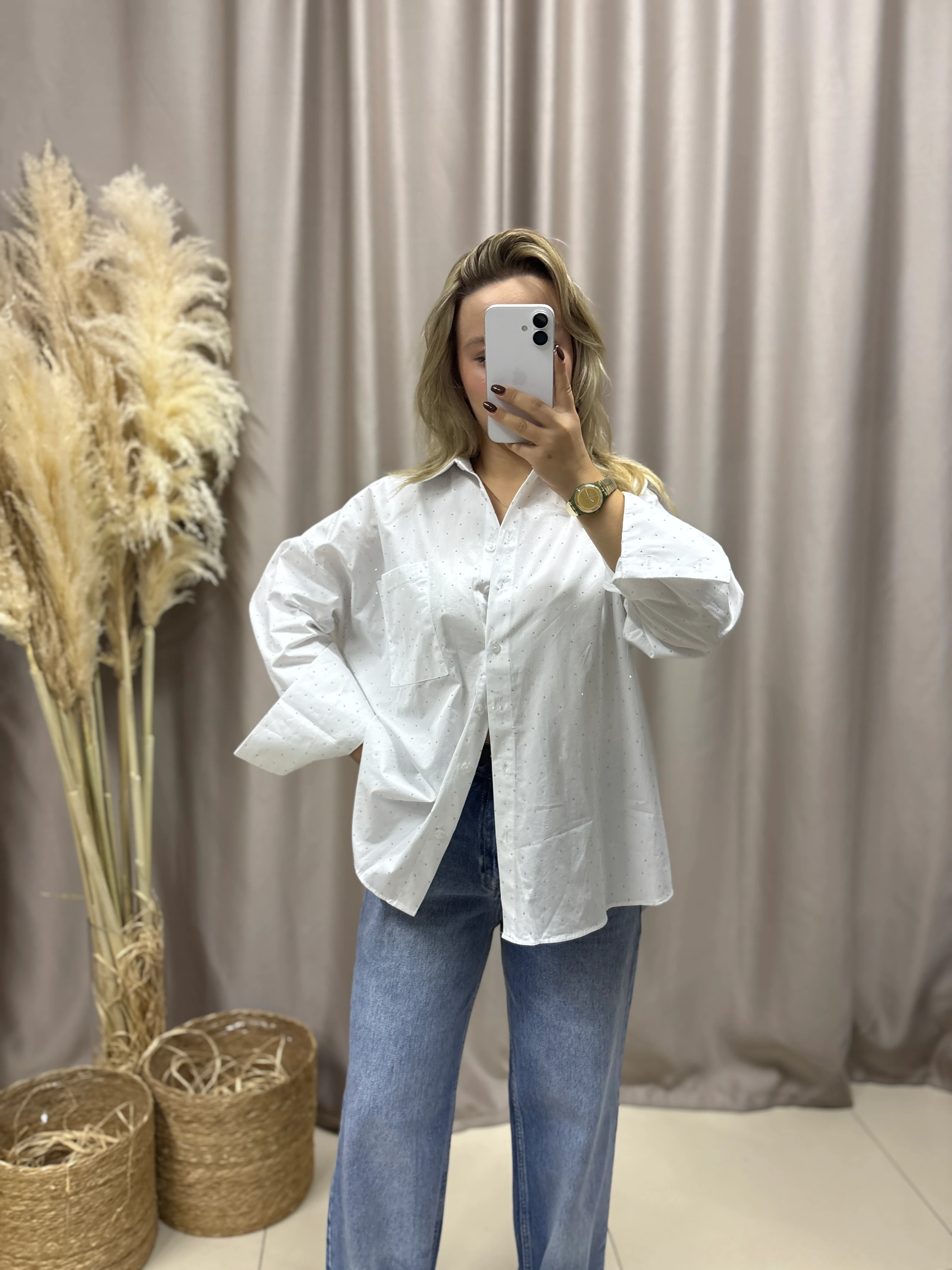 4989 BEYAZ POPLİN TAŞLI STANDART BEDEN GÖMLEK