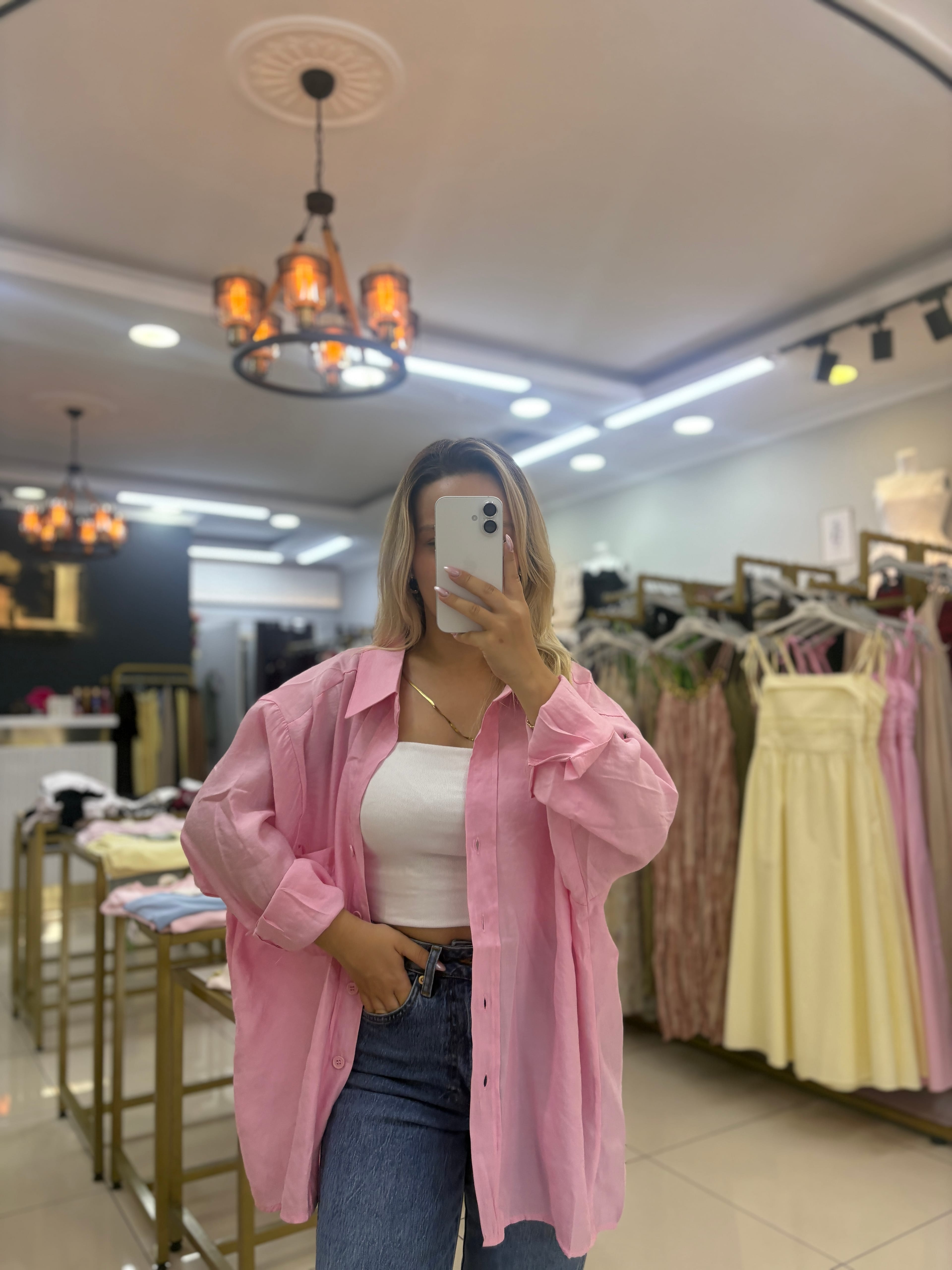 4612 ŞEKER PEMBE DÜŞÜK OMUZLU OVERSİZE GÖMLEK