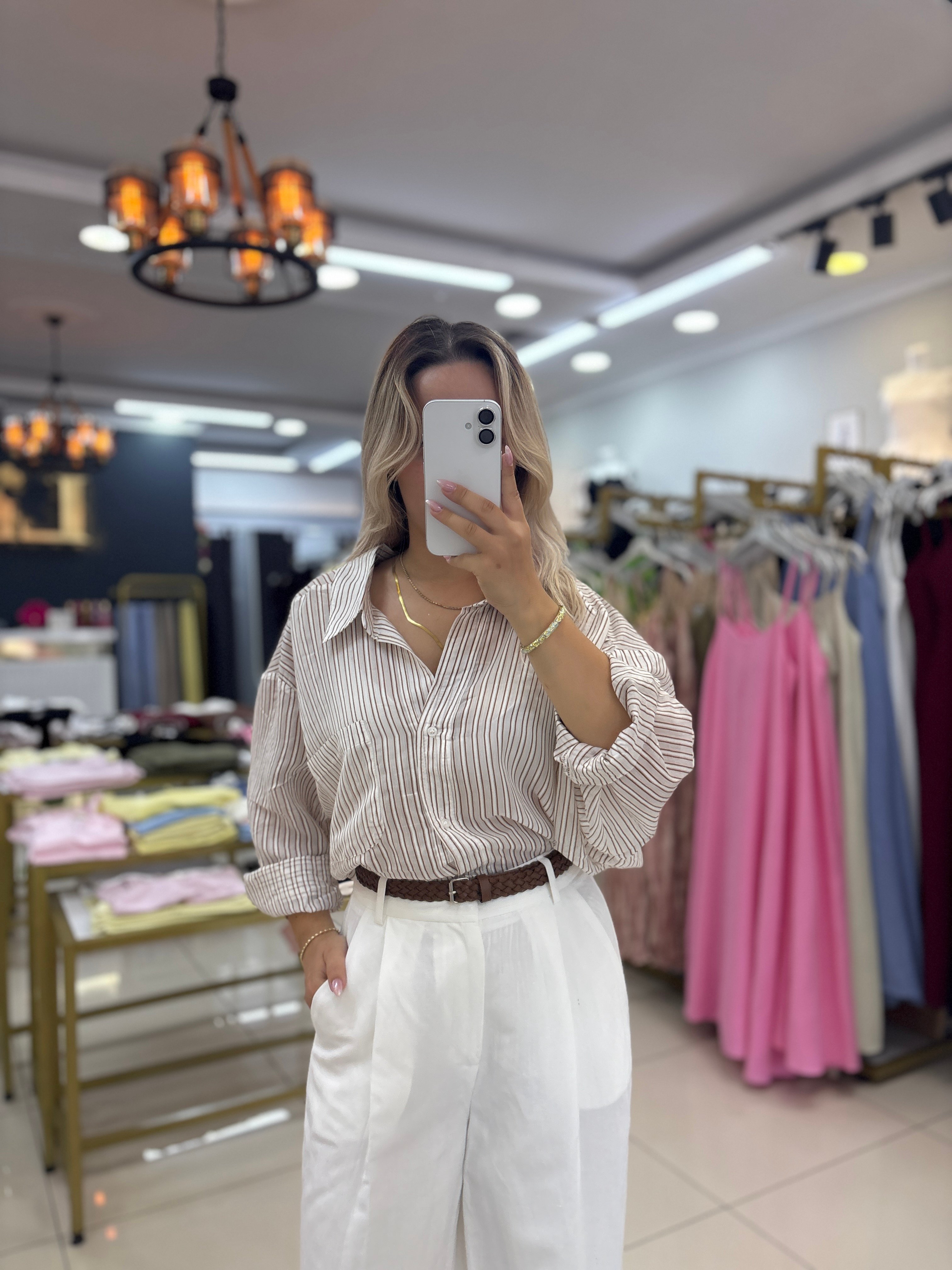 DÜŞÜK OMUZLU STANDART BEDEN ÇİZGİLİ GÖMLEK 4904