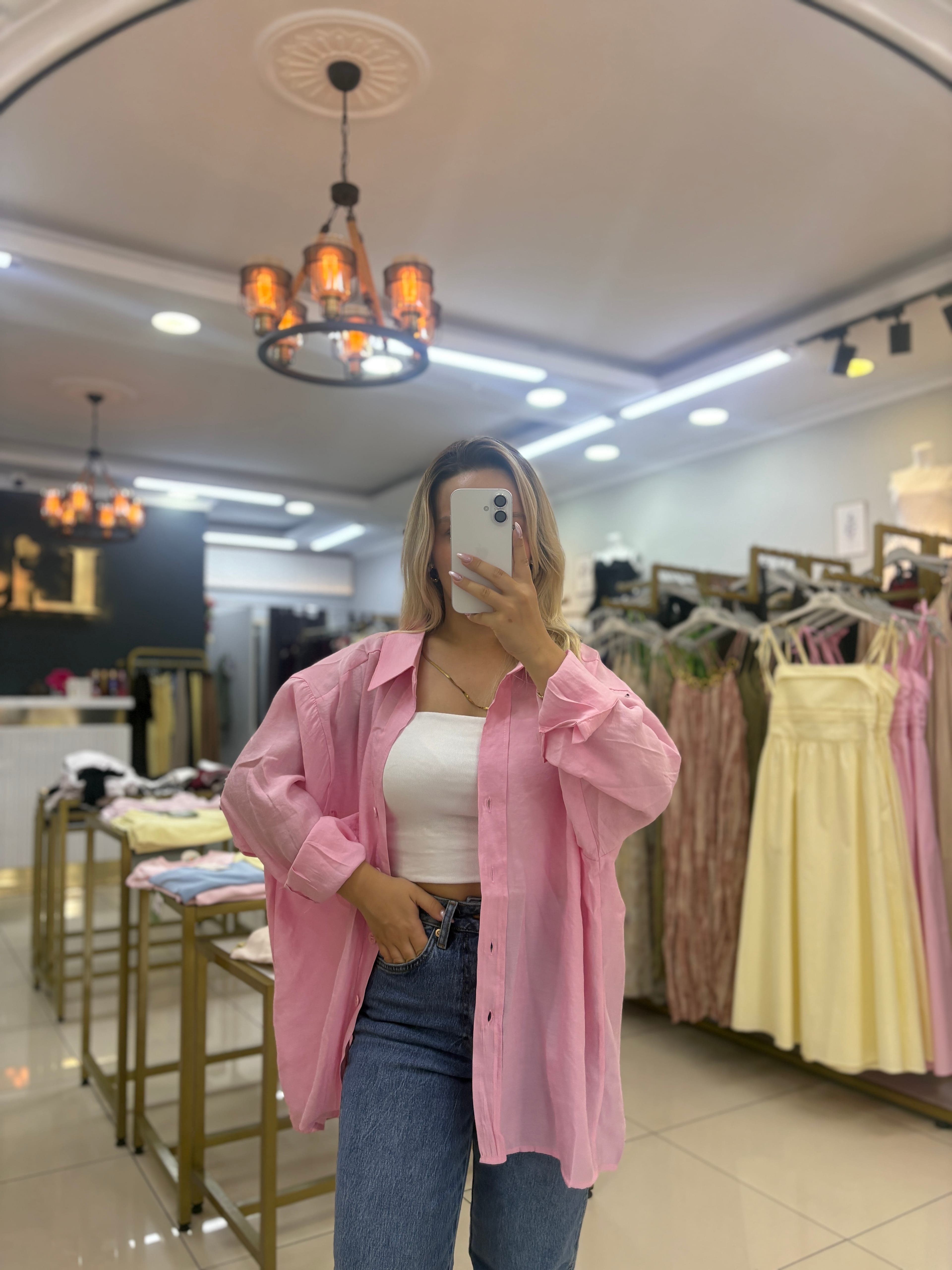 4612 ŞEKER PEMBE DÜŞÜK OMUZLU OVERSİZE GÖMLEK