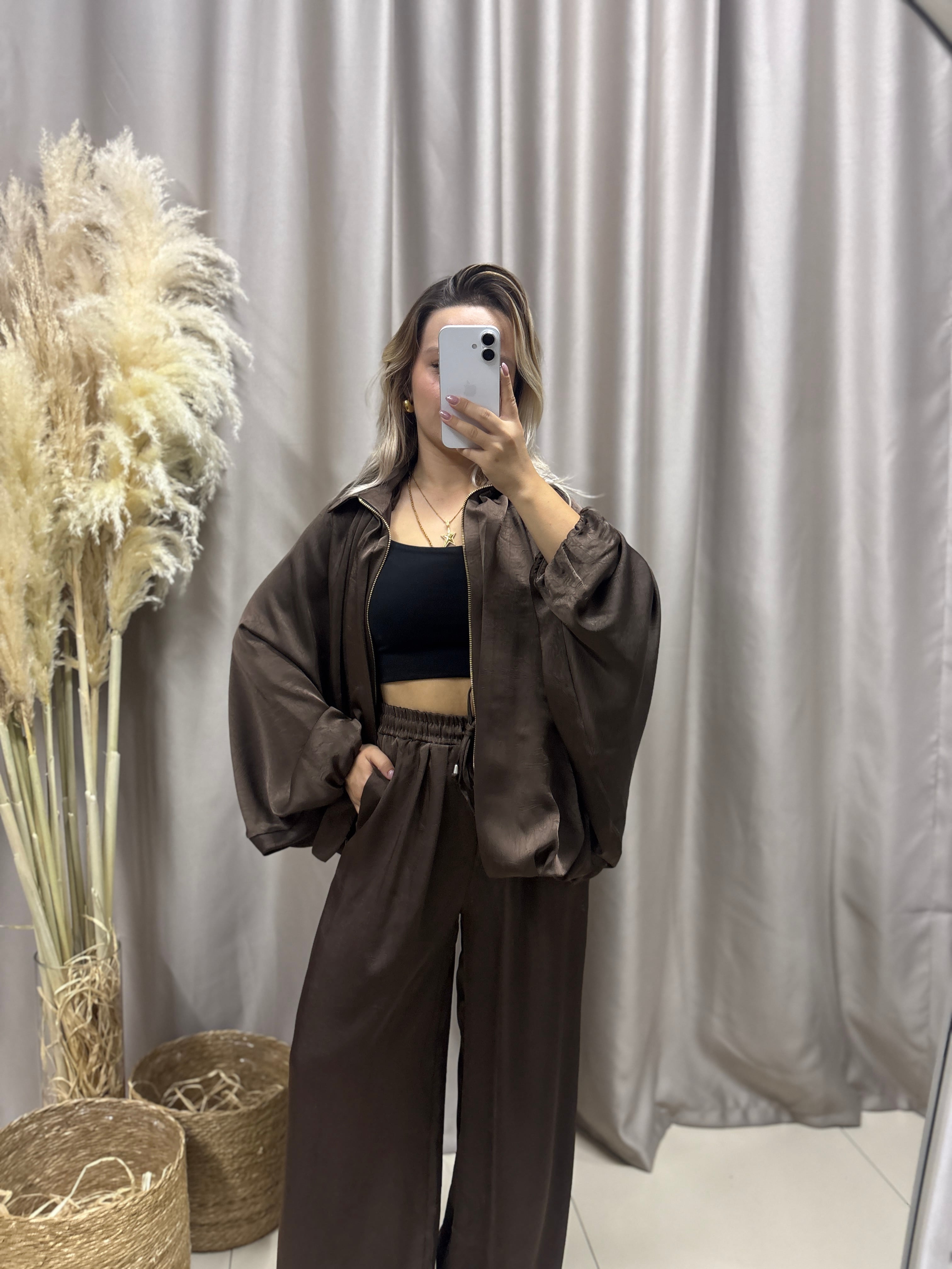 KAHVE SATEN BOMBER CEKET 9584