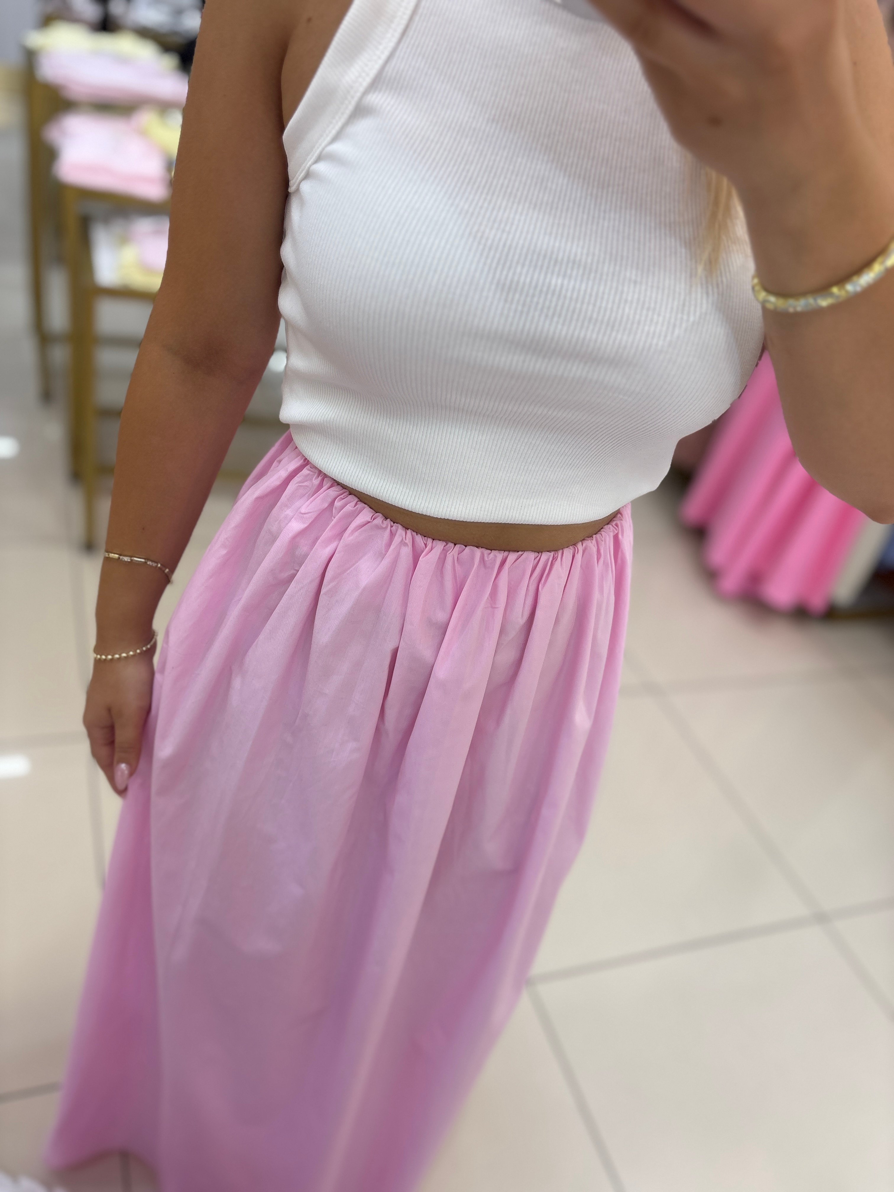 BEL LASTİKLİ PEMBE POPLİN ETEK
