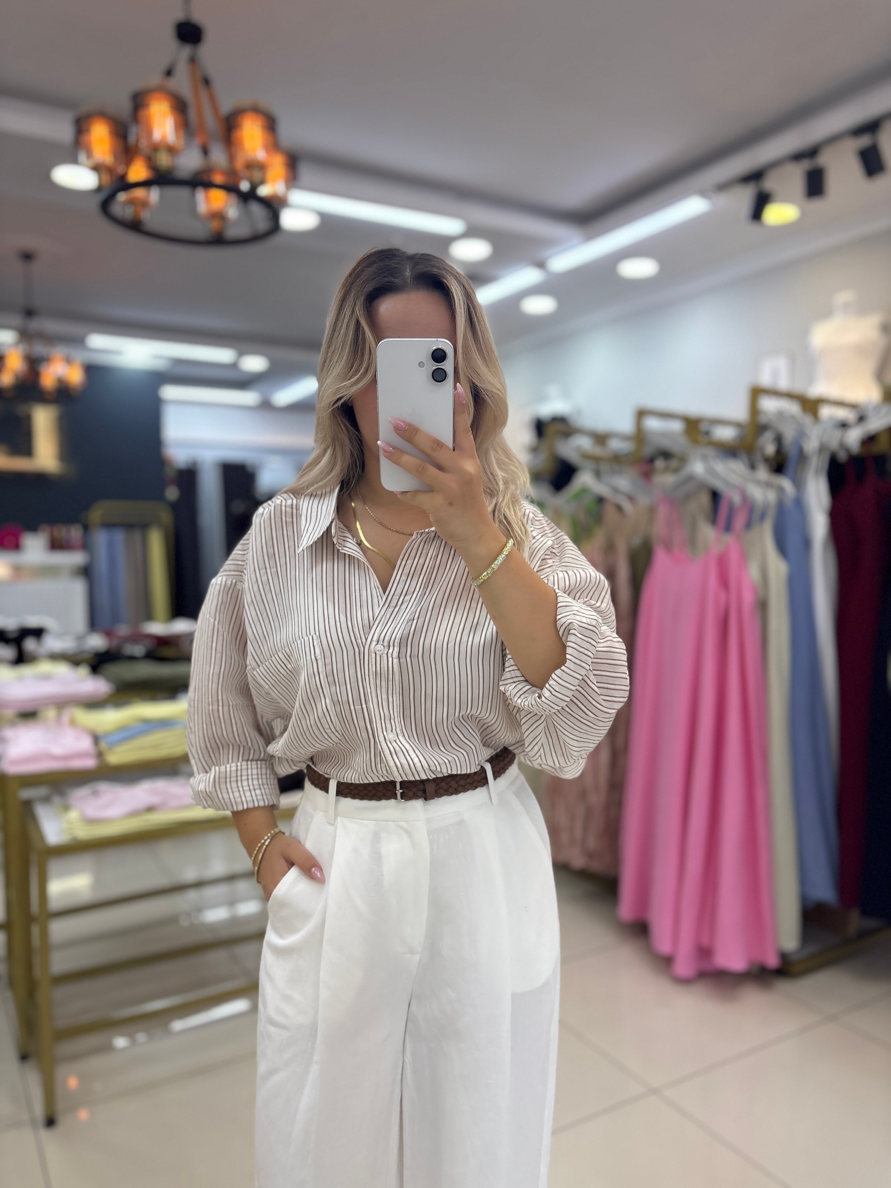 DÜŞÜK OMUZLU STANDART BEDEN ÇİZGİLİ GÖMLEK 4904