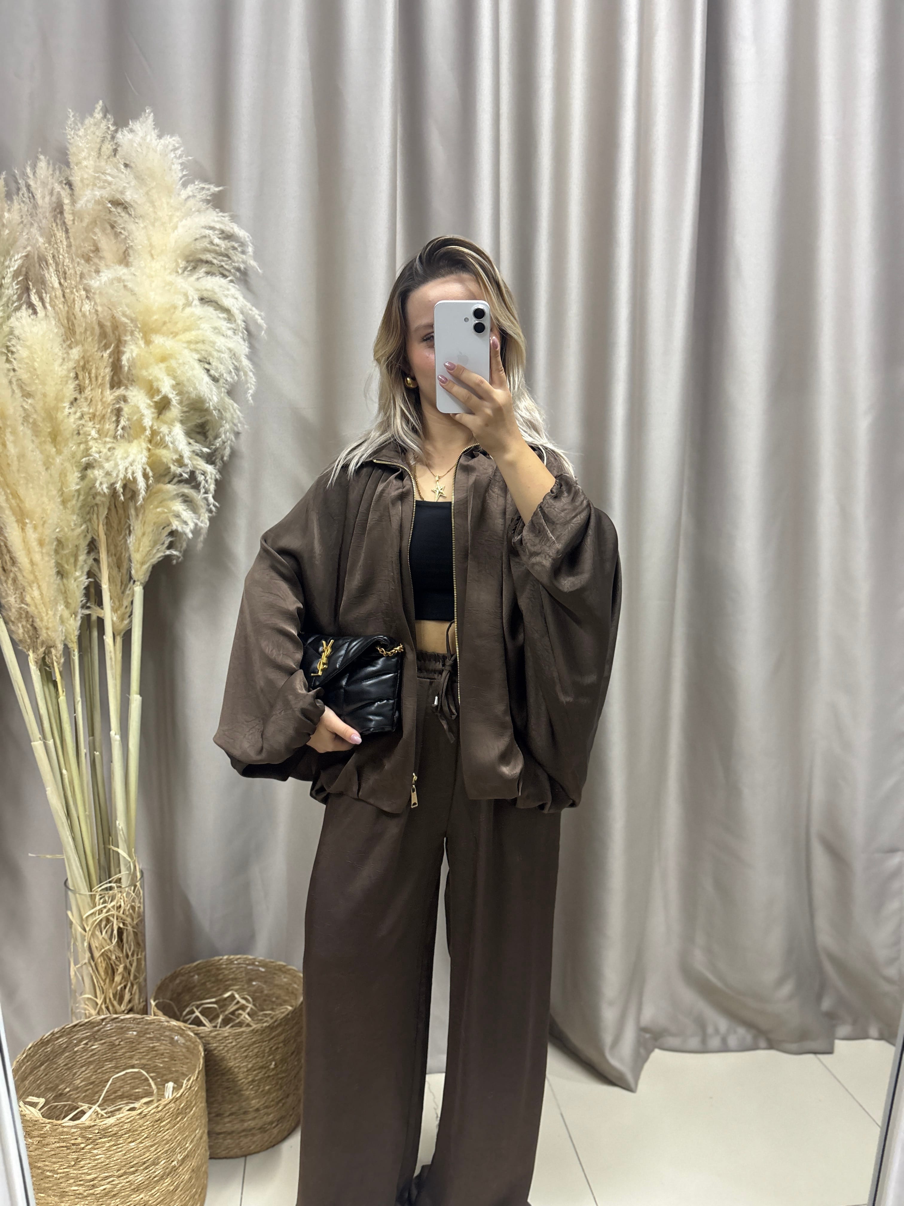 KAHVE SATEN BOMBER CEKET 9584