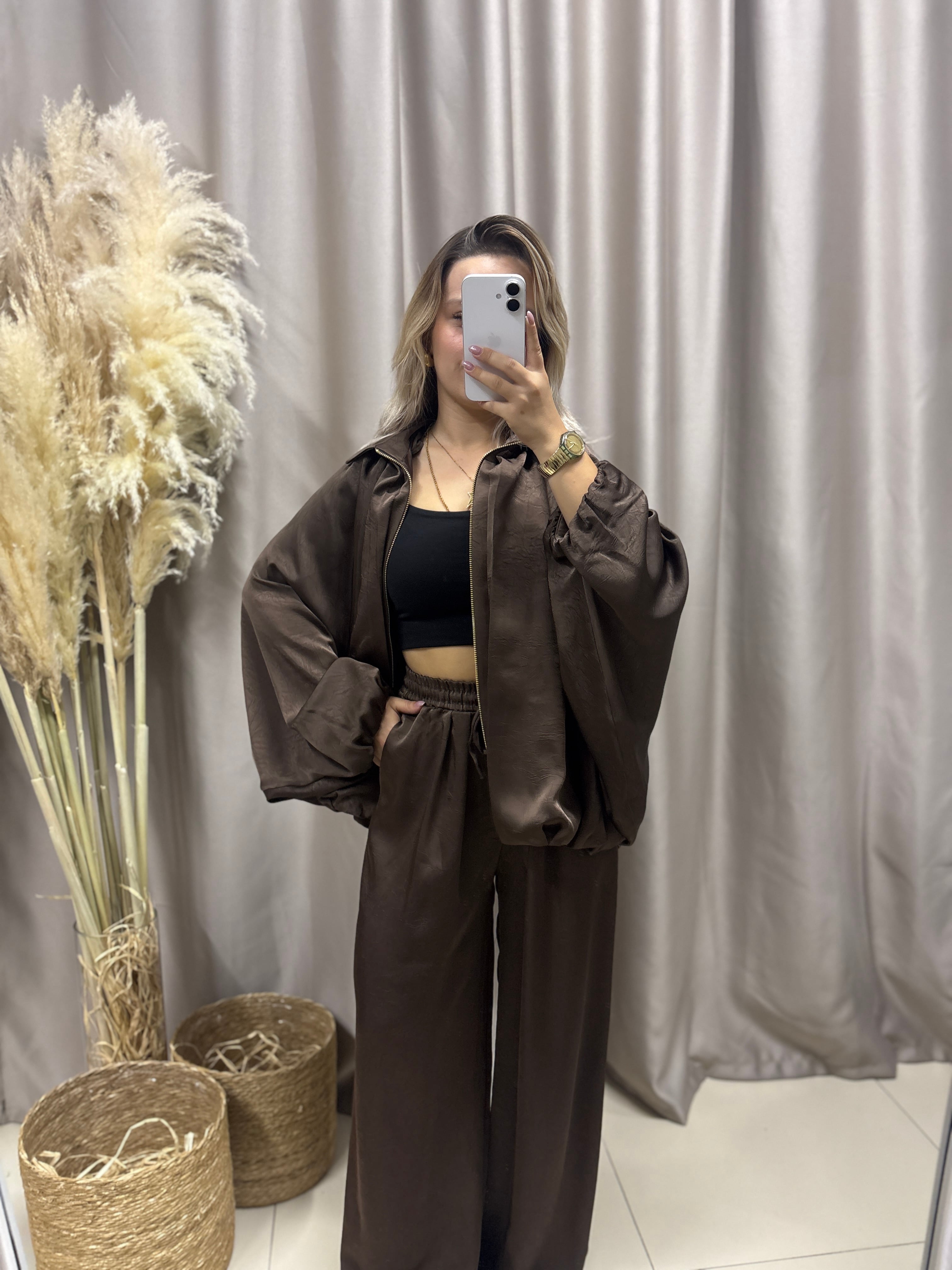 KAHVE SATEN BOMBER CEKET 9584