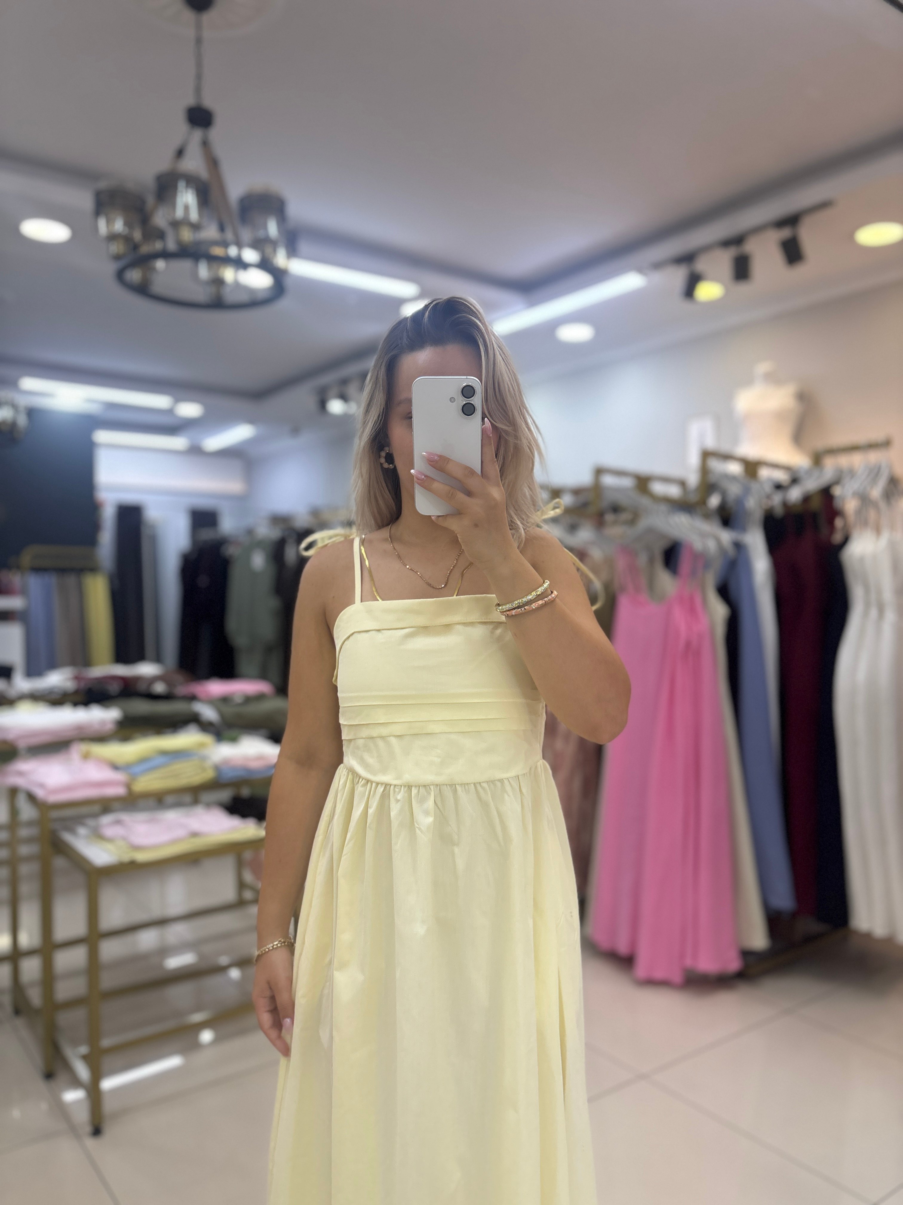 ASKILI OMUZ BAĞLAMALI SARI ELBİSE 3332