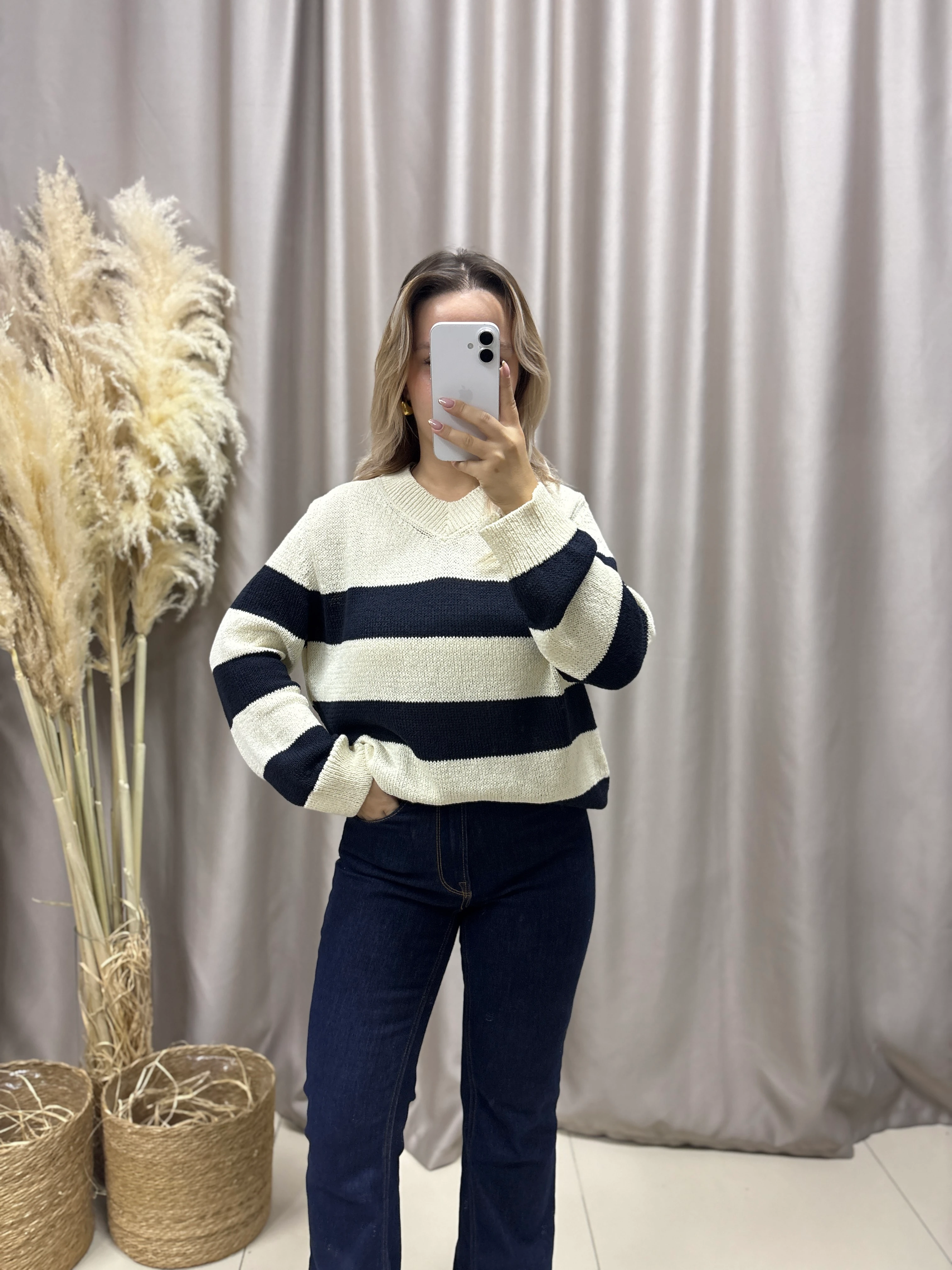 V YAKA ÇİZGİLİ TRİKO KAZAK 3749 MSSM