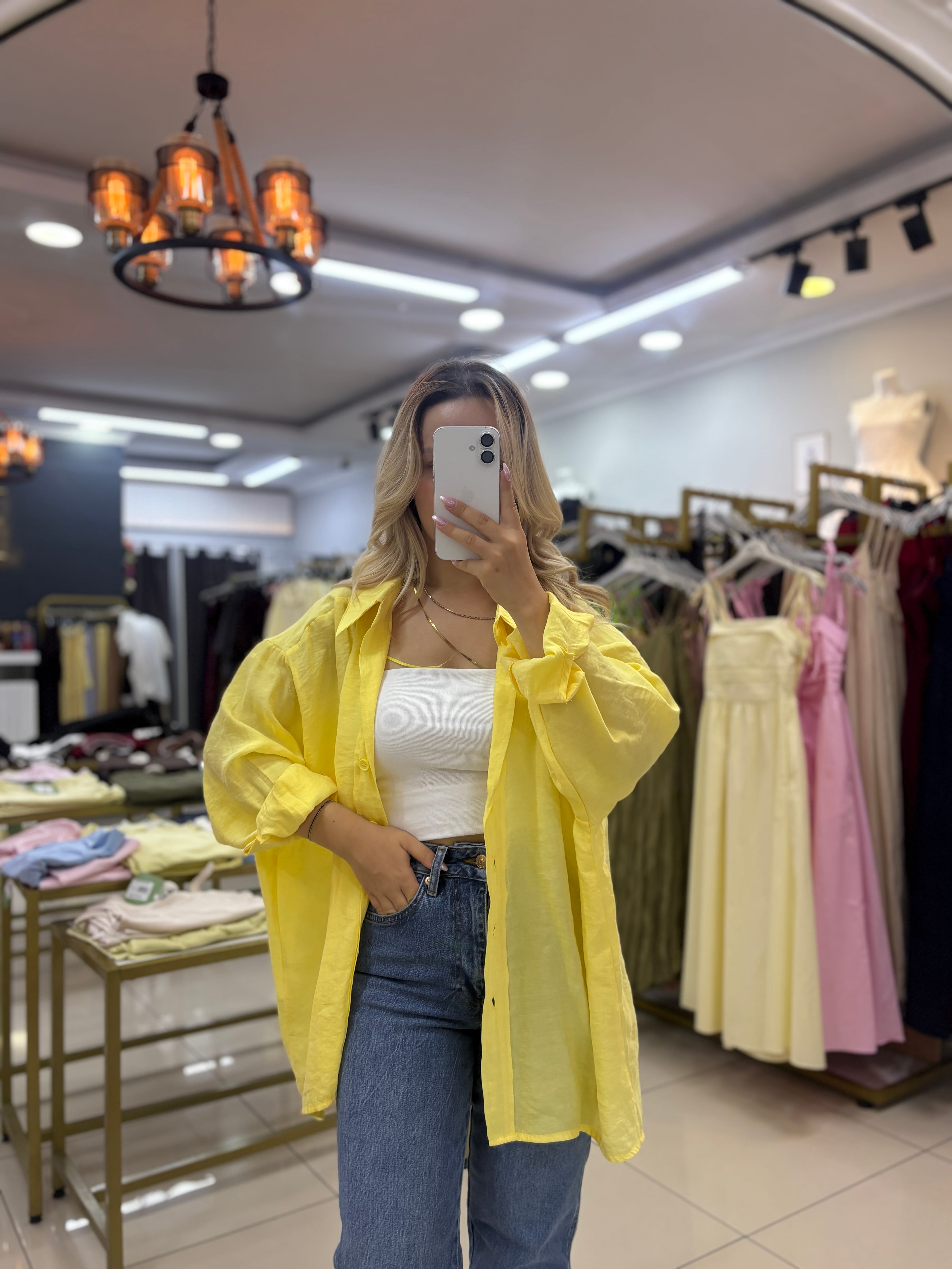 4612 SARI DÜŞÜK OMUZLU OVERSİZE GÖMLEK