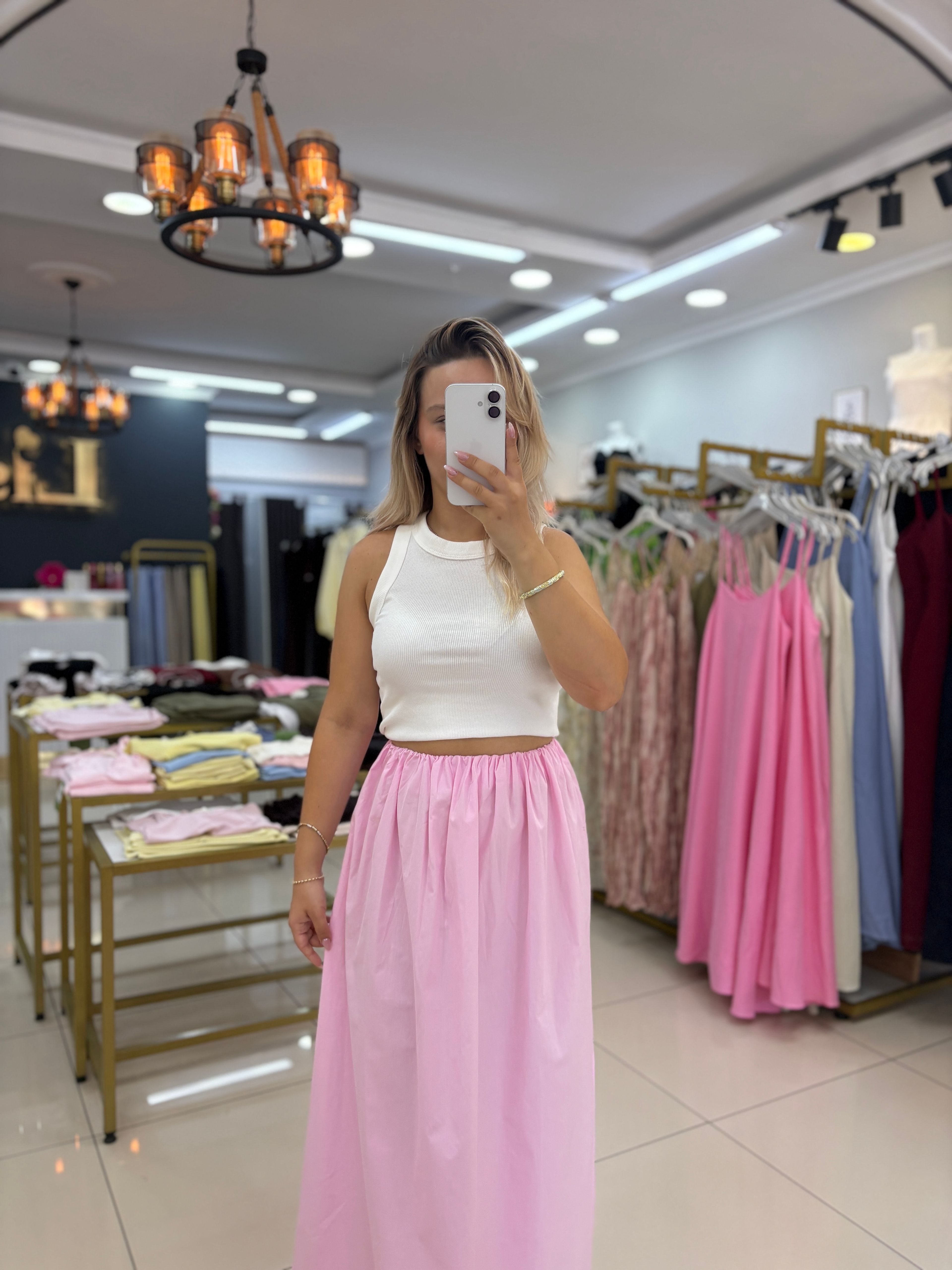 BEL LASTİKLİ PEMBE POPLİN ETEK
