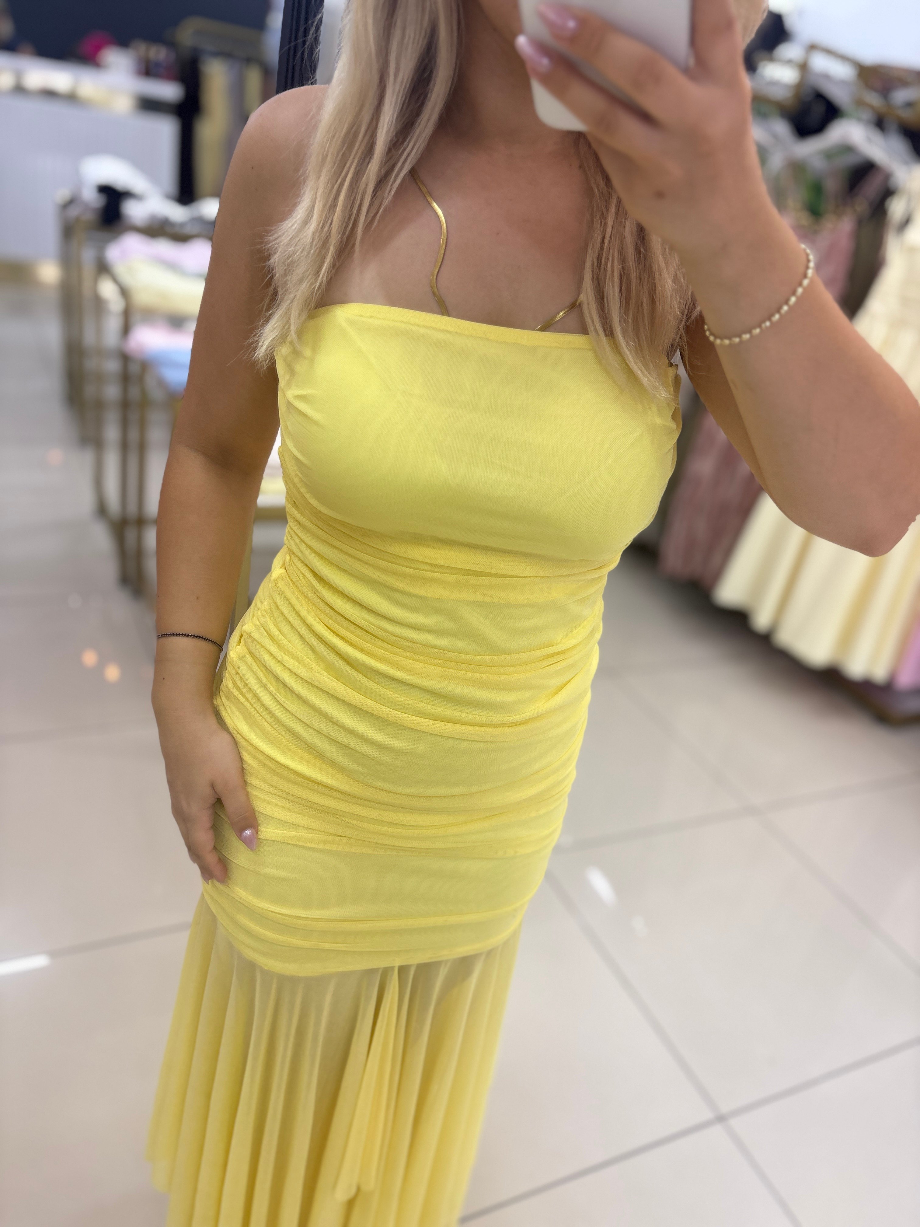 SARI ASİMETRİK STRAPLEZ TÜL ELBİSE