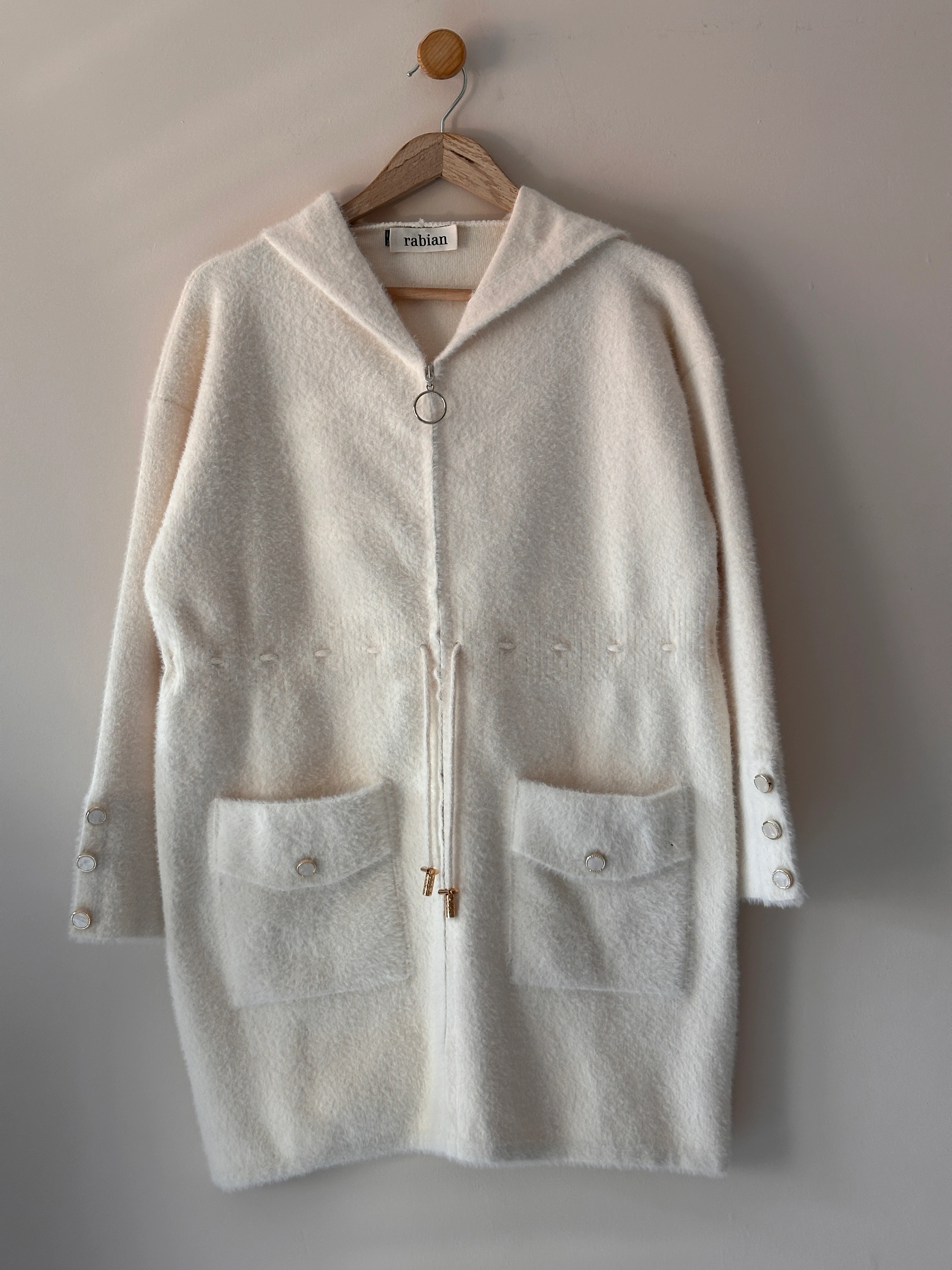 Beli Biyeli Fermuarlı Kapüşonlu Angora Hırka - Bej