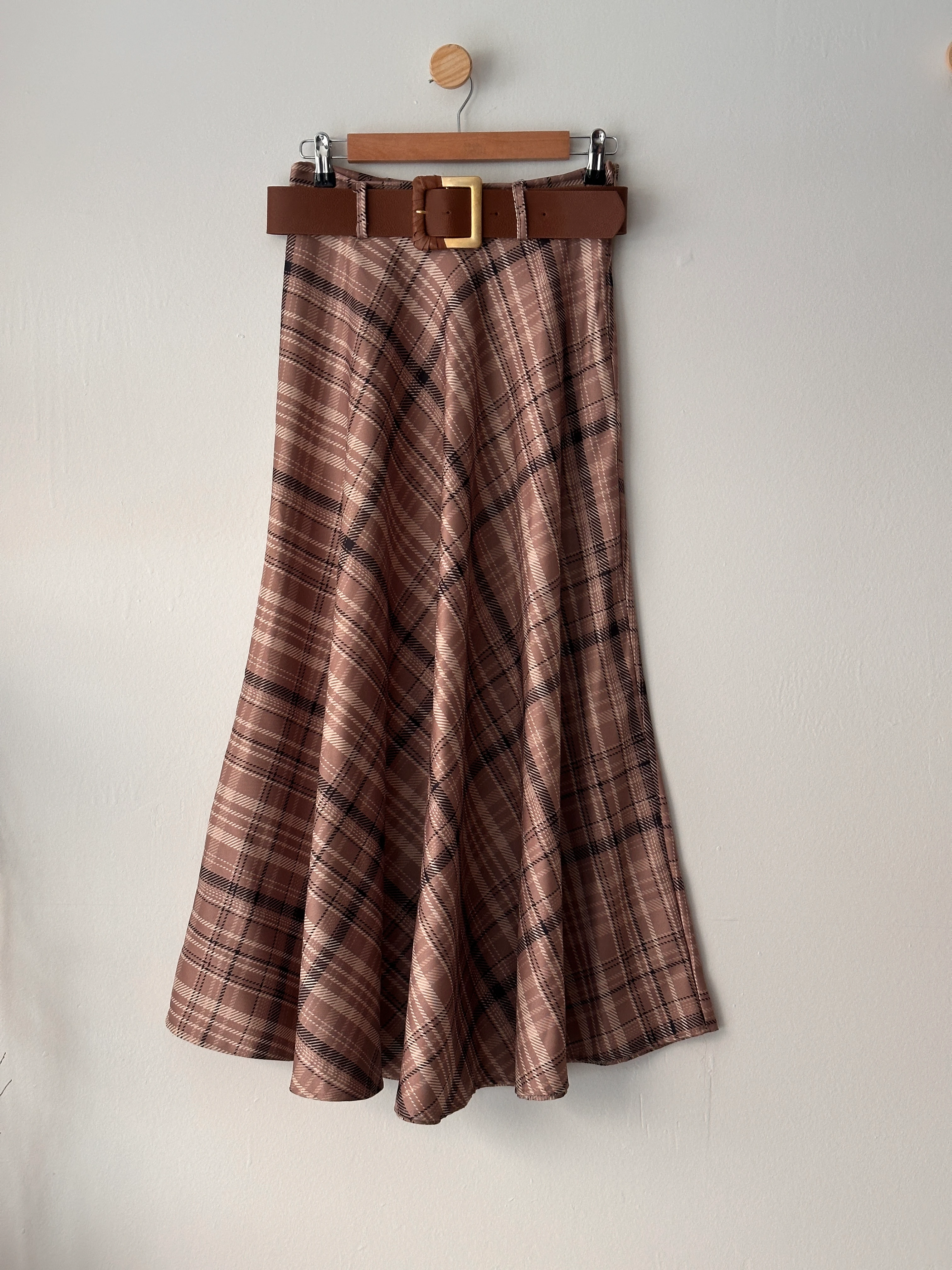 Kemerli Ekose Desen Etek - Bej