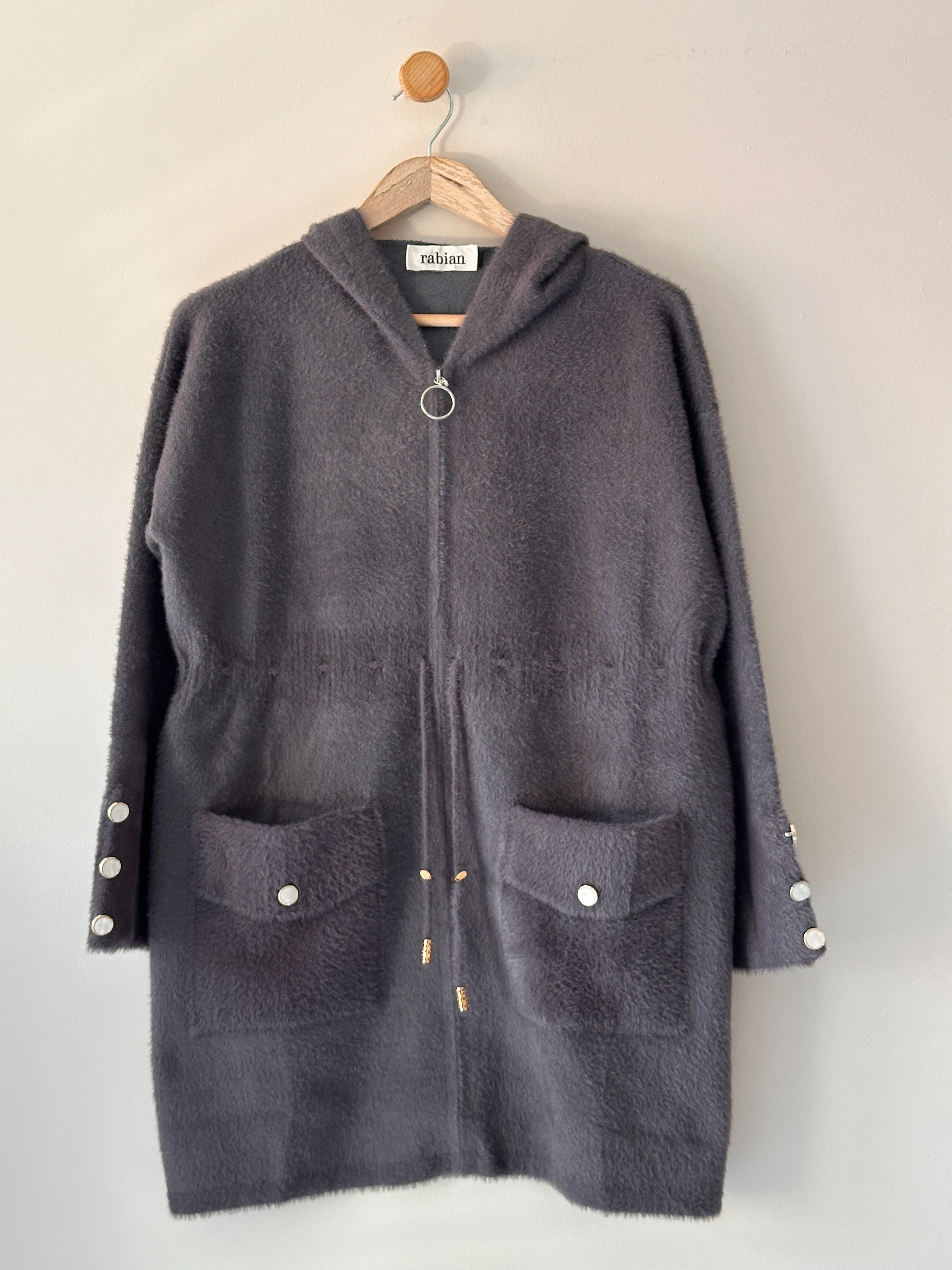 Beli Biyeli Fermuarlı Kapüşonlu Angora Hırka - Antrasit