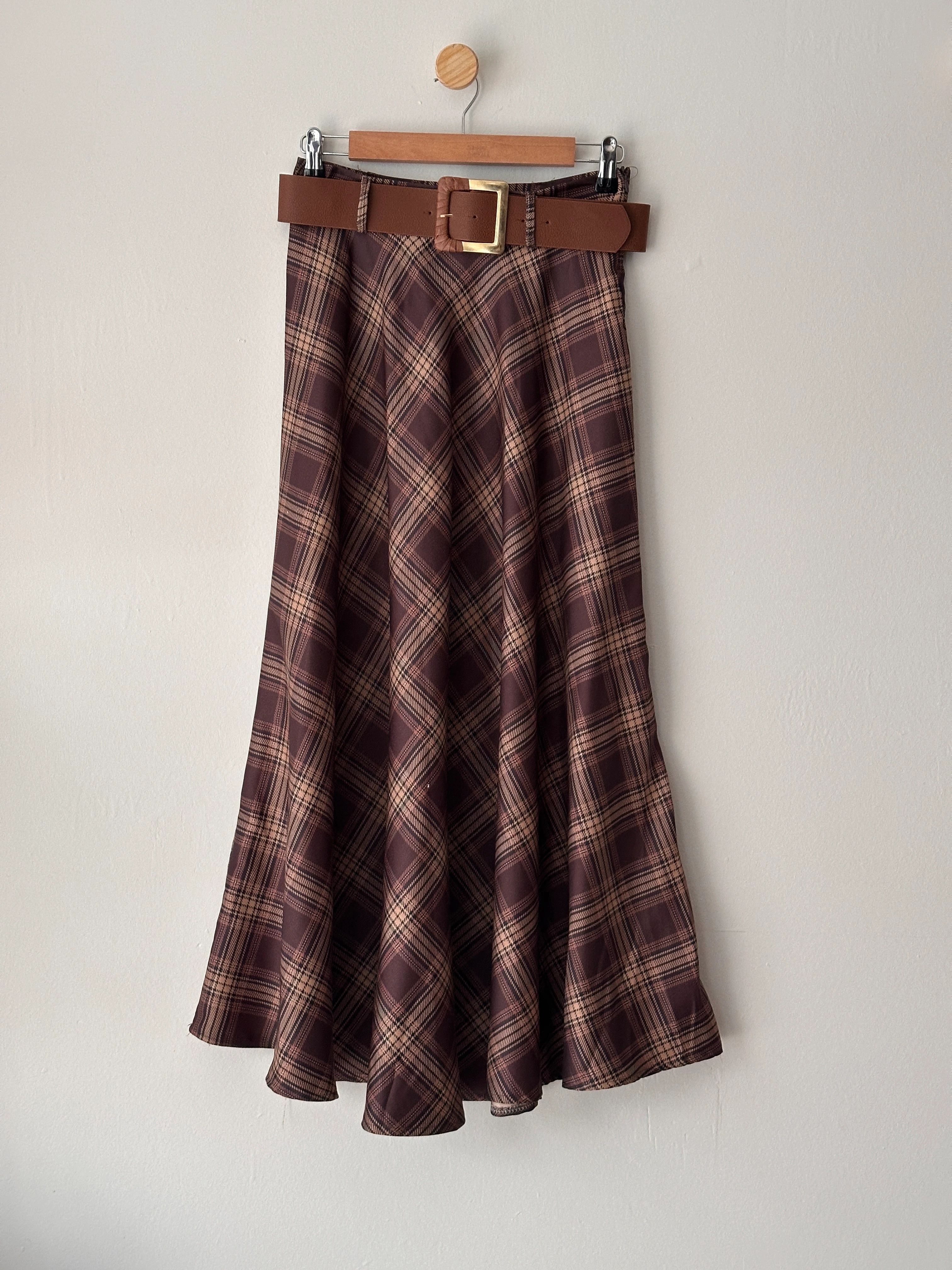 Kemerli Ekose Desen Etek - Kahve