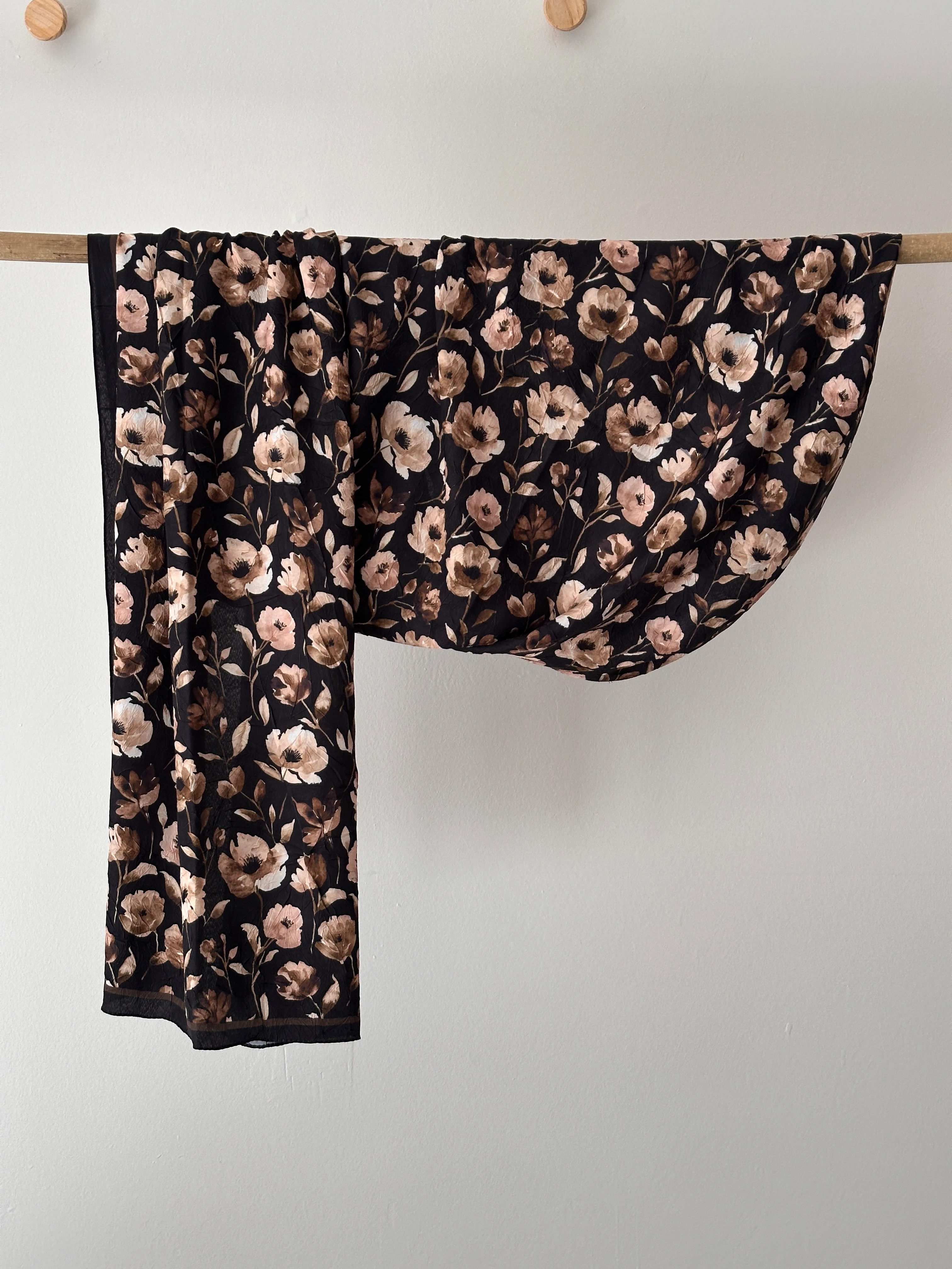 Çiçek Desenli Bambu Kraş Şal - Kahve