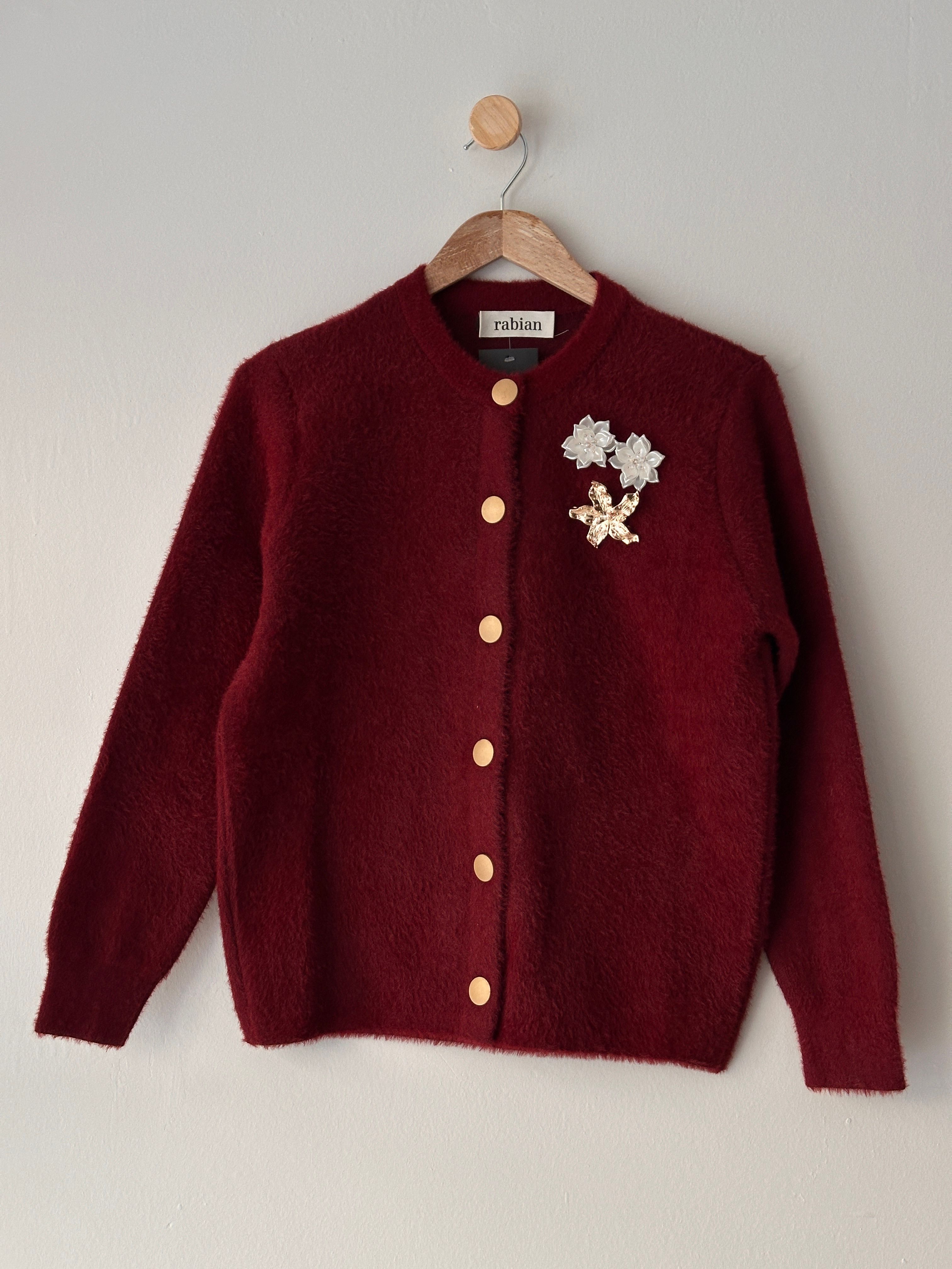 Broşlu Angora Hırka - Bordo