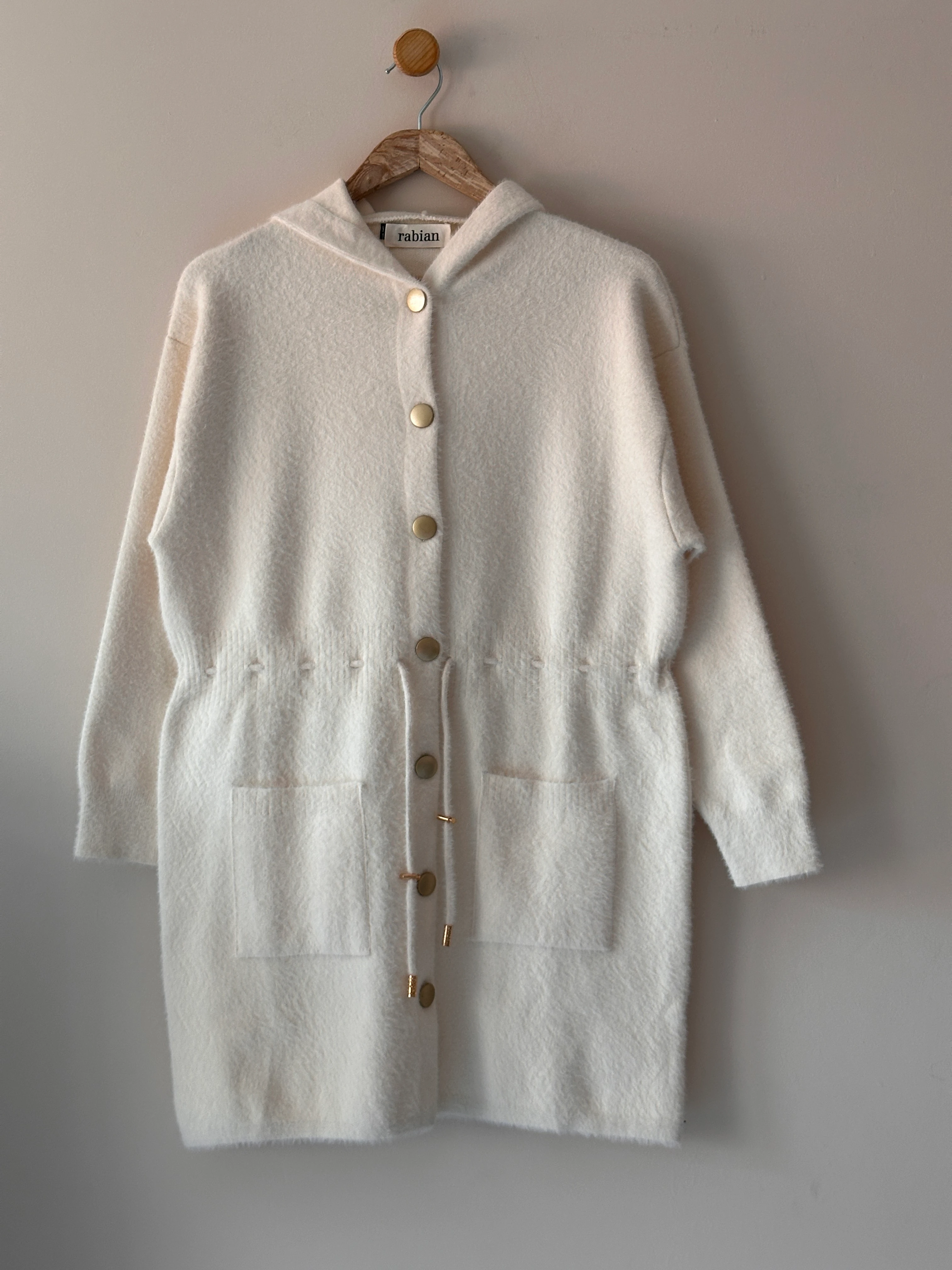 Beli Biyeli Kapüşonlu Angora Hırka - Bej