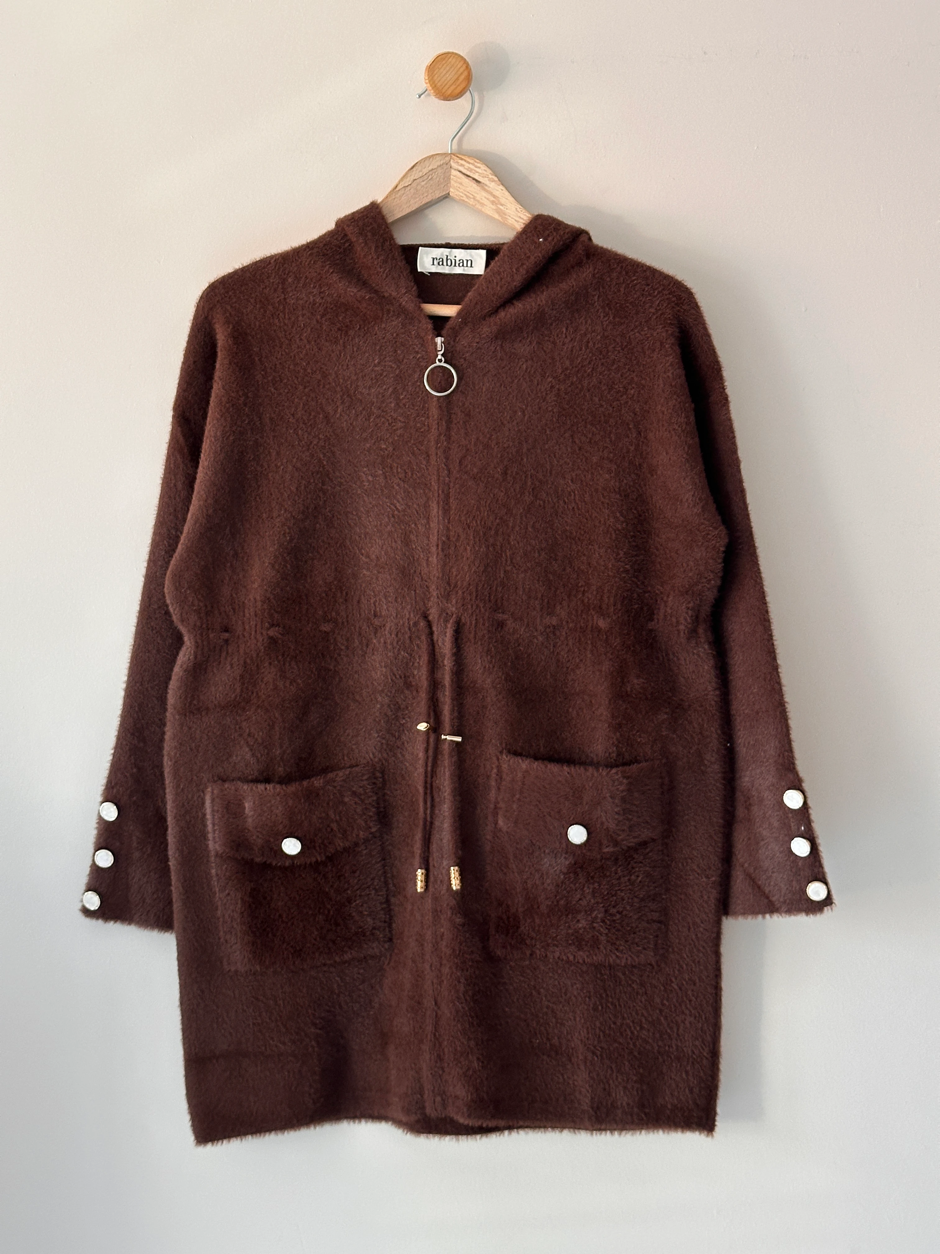 Beli Biyeli Fermuarlı Kapüşonlu Angora Hırka - Kahve