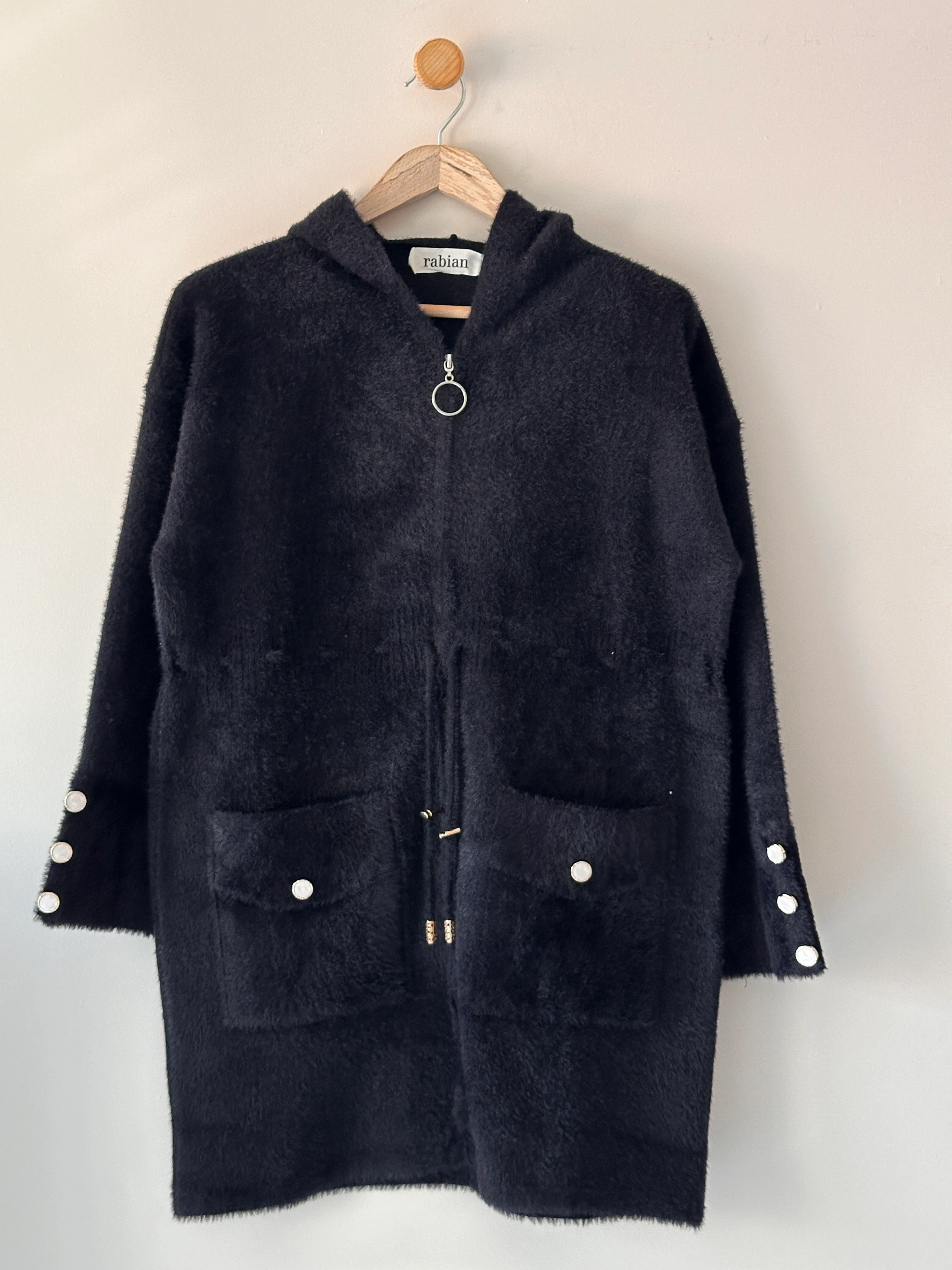 Beli Biyeli Fermuarlı Kapüşonlu Angora Hırka - Siyah