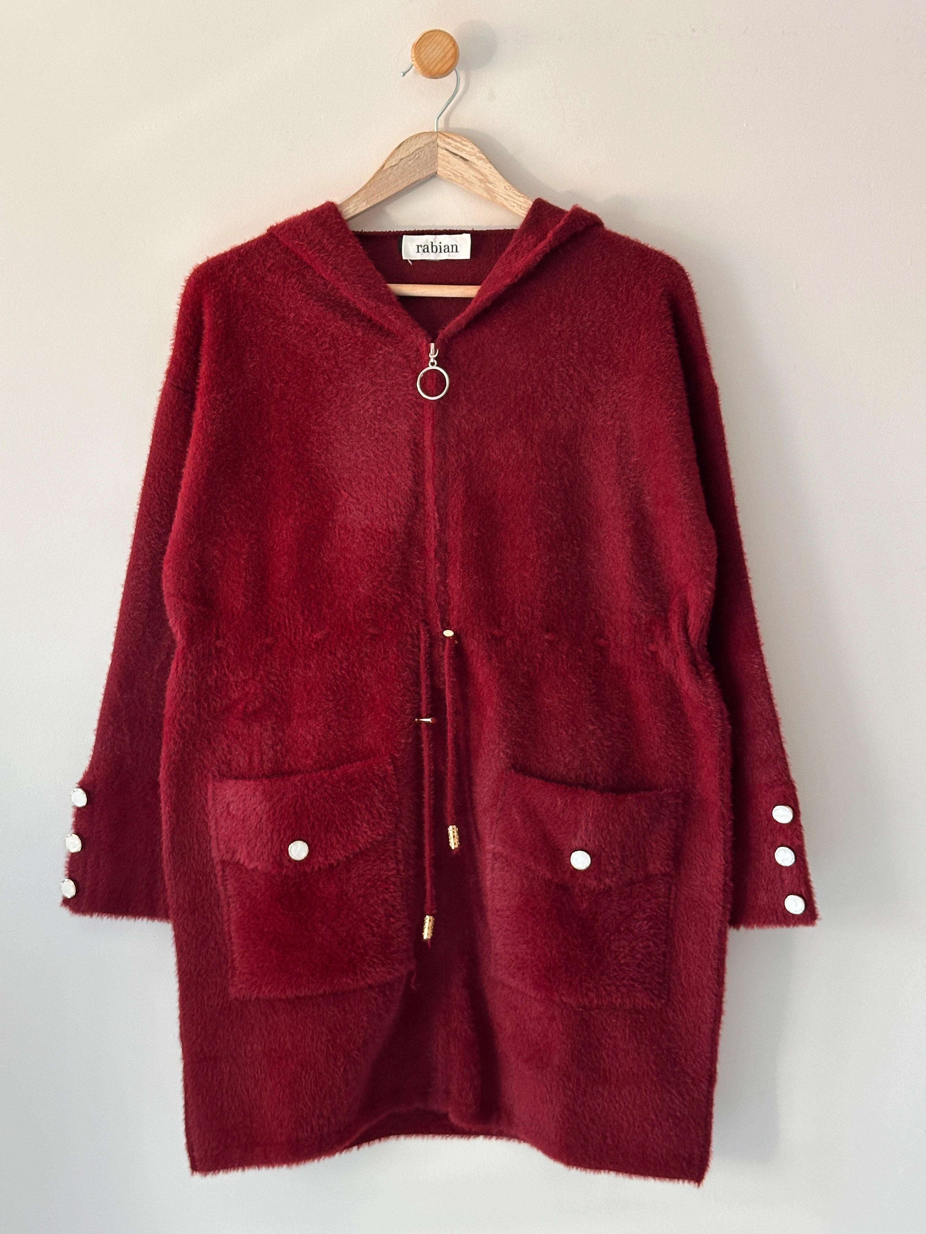 Beli Biyeli Fermuarlı Kapüşonlu Angora Hırka - Bordo