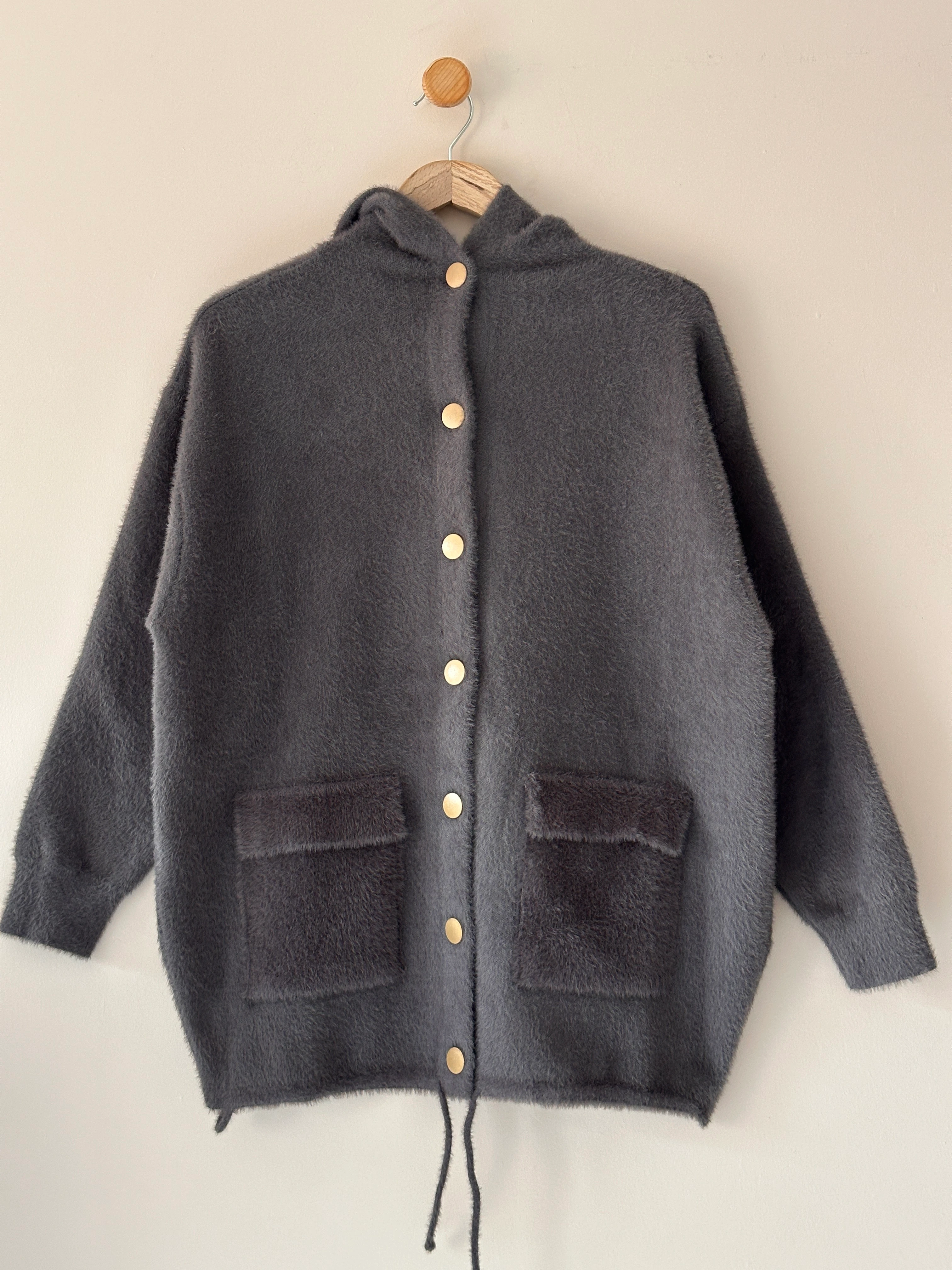 Düğmeli Biyeli Kapüşonlu Angora Hoodie - Antrasit