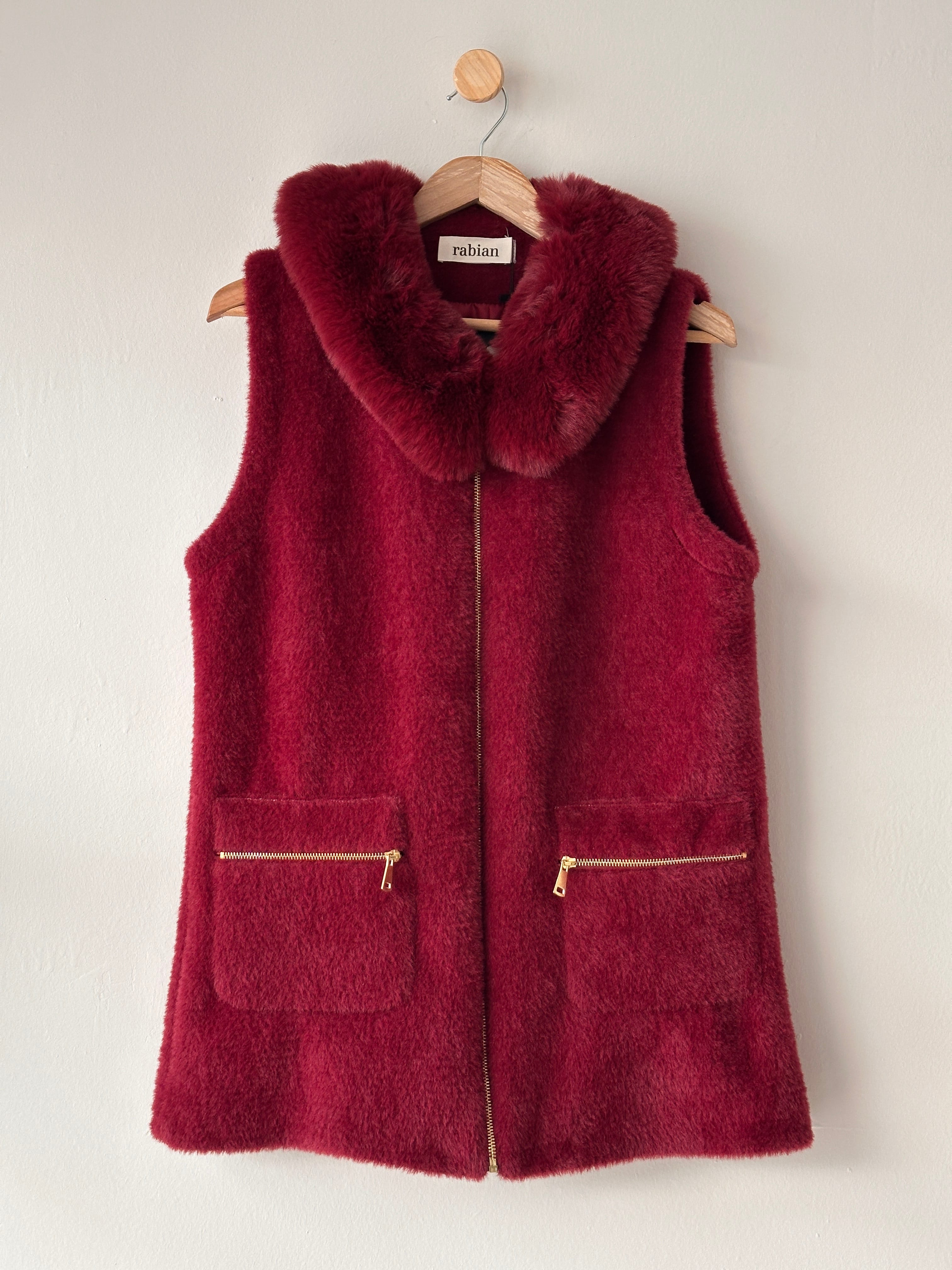 Yakası Kürklü Fermuarlı Angora Yelek - Bordo