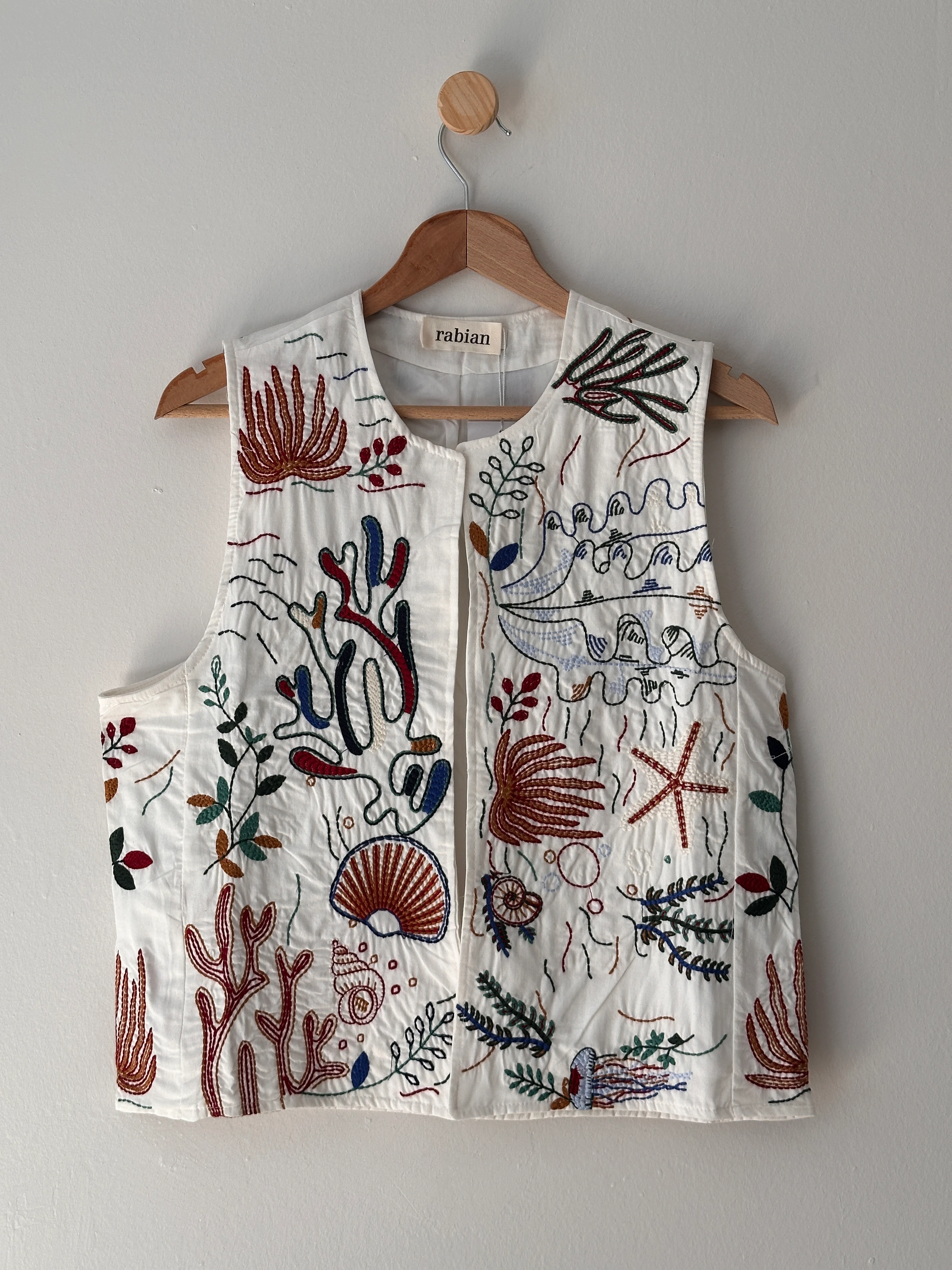 Deniz Motifli Nakışlı Keten Yelek - Beyaz