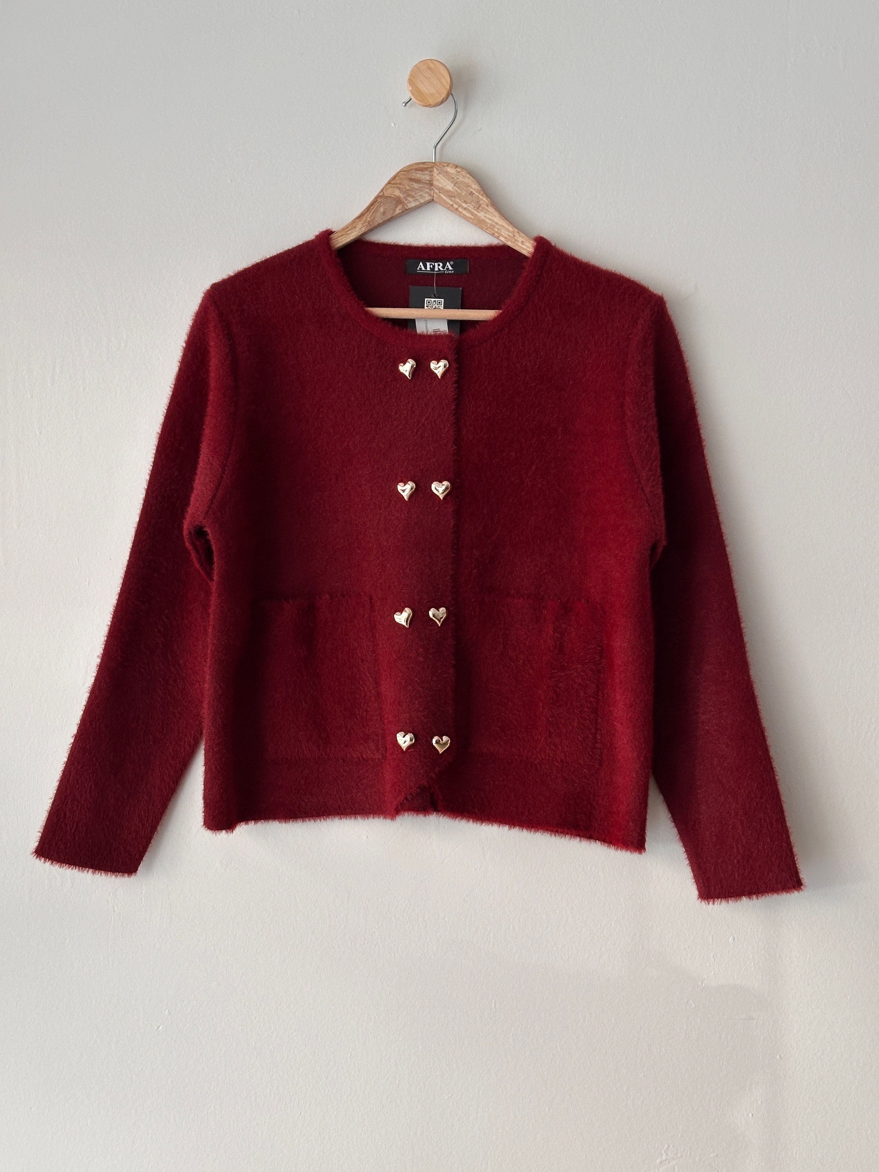 Kalp Düğmeli Angora Hırka - Bordo