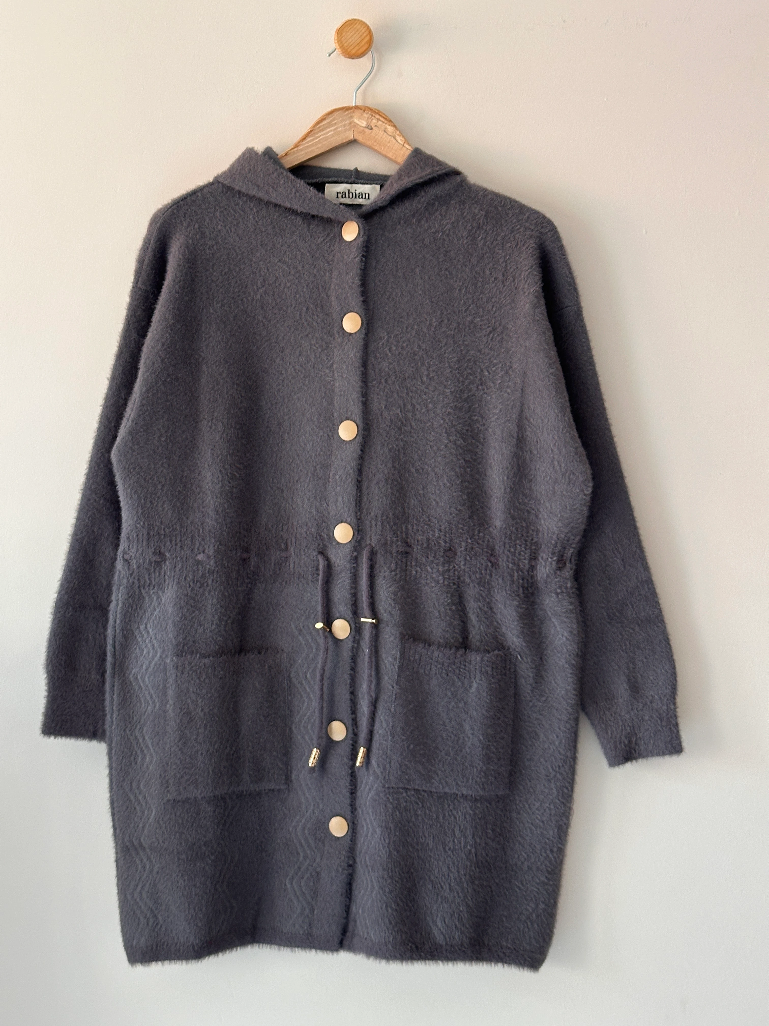 Beli Biyeli Kapüşonlu Angora Hırka - Antrasit