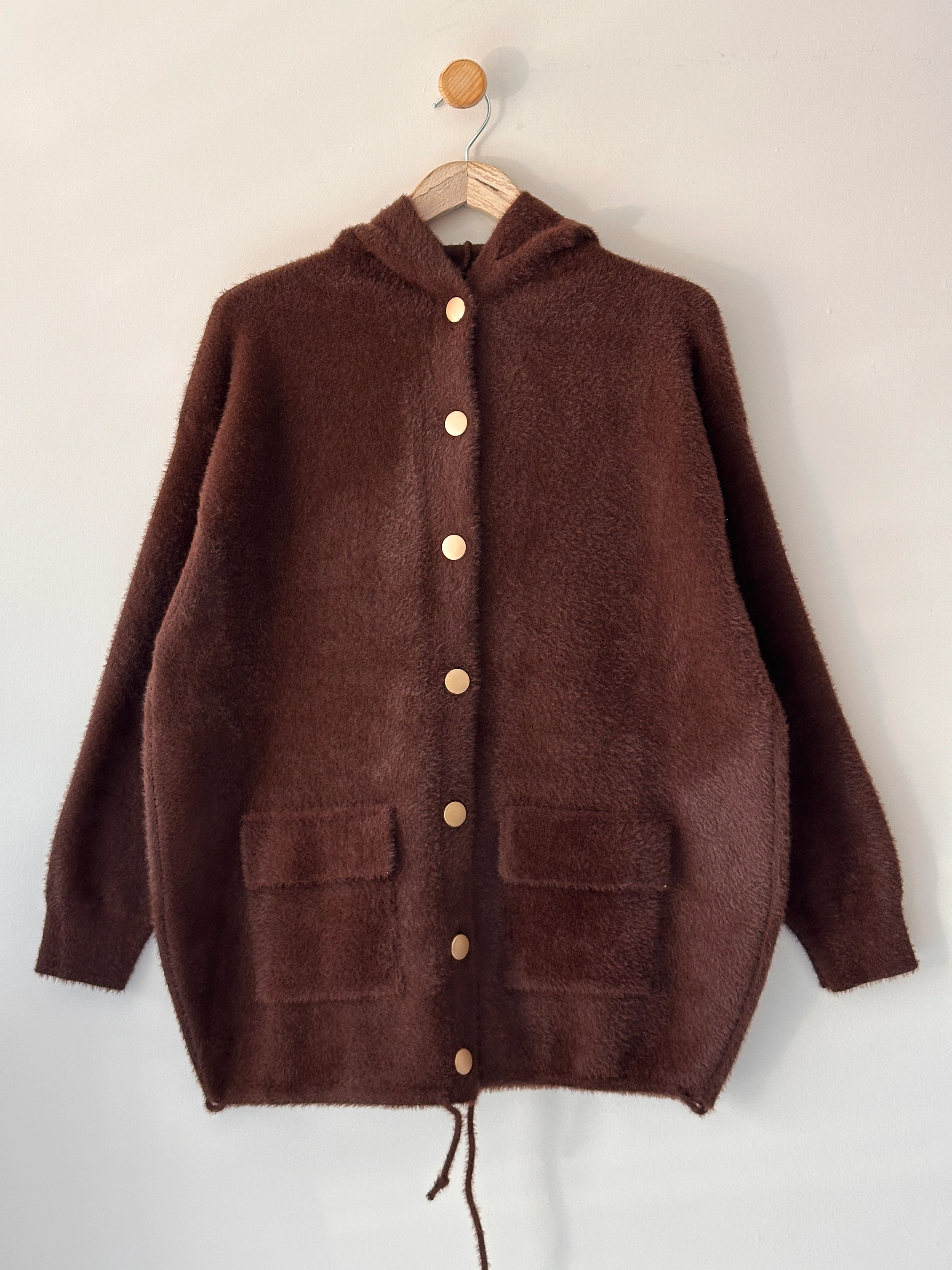 Düğmeli Biyeli Kapüşonlu Angora Hoodie - Kahve