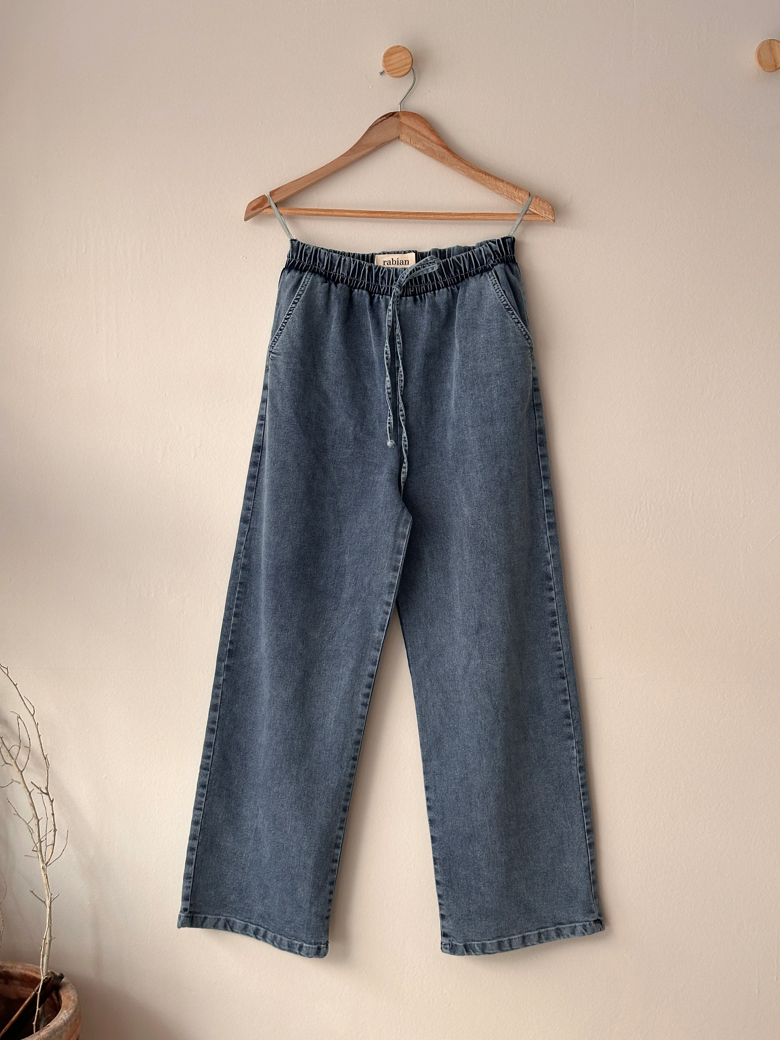 Beli Lastikli Kot Pantalon-Likralı - Mavi