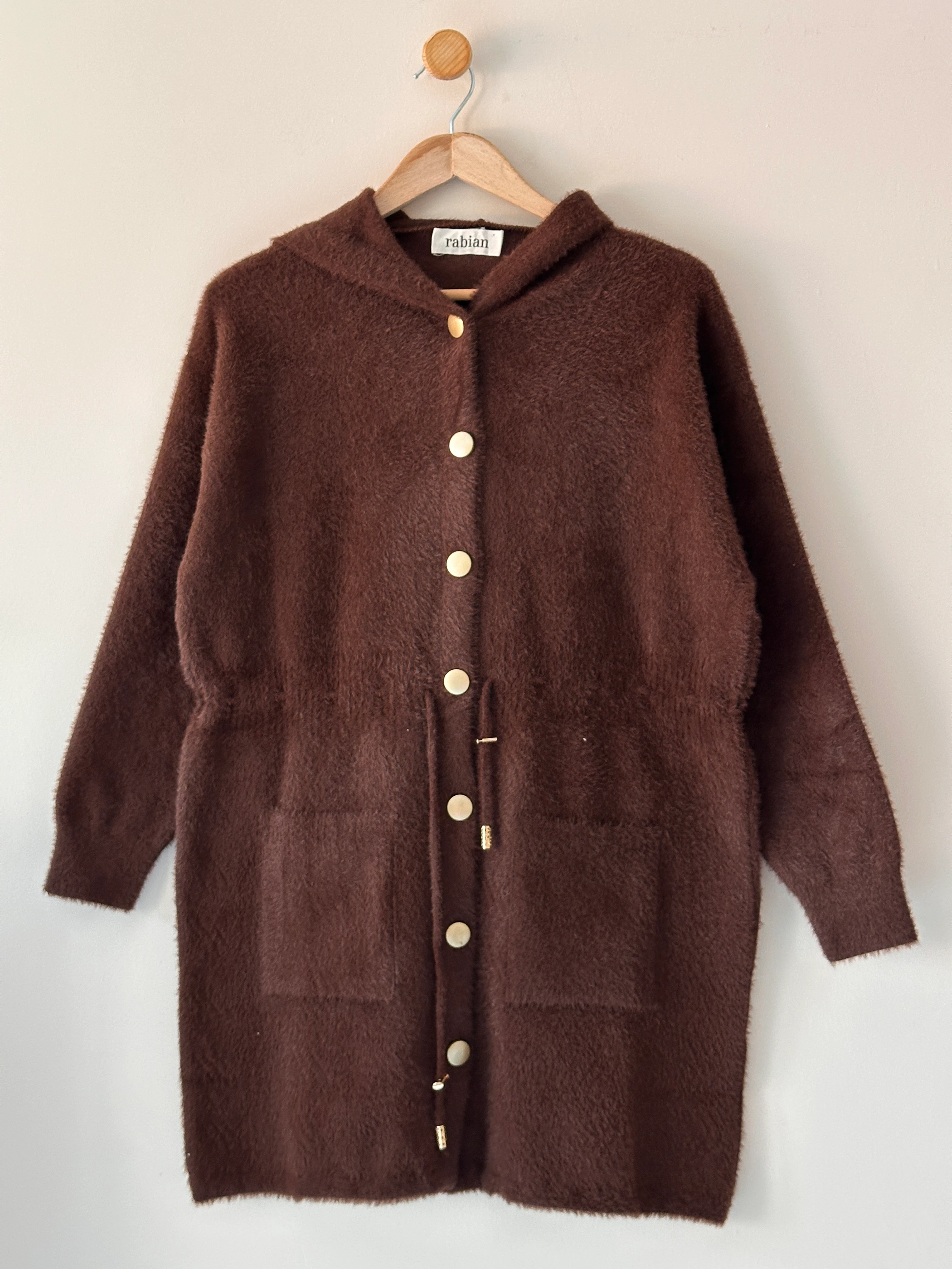 Beli Biyeli Kapüşonlu Angora Hırka - Kahve