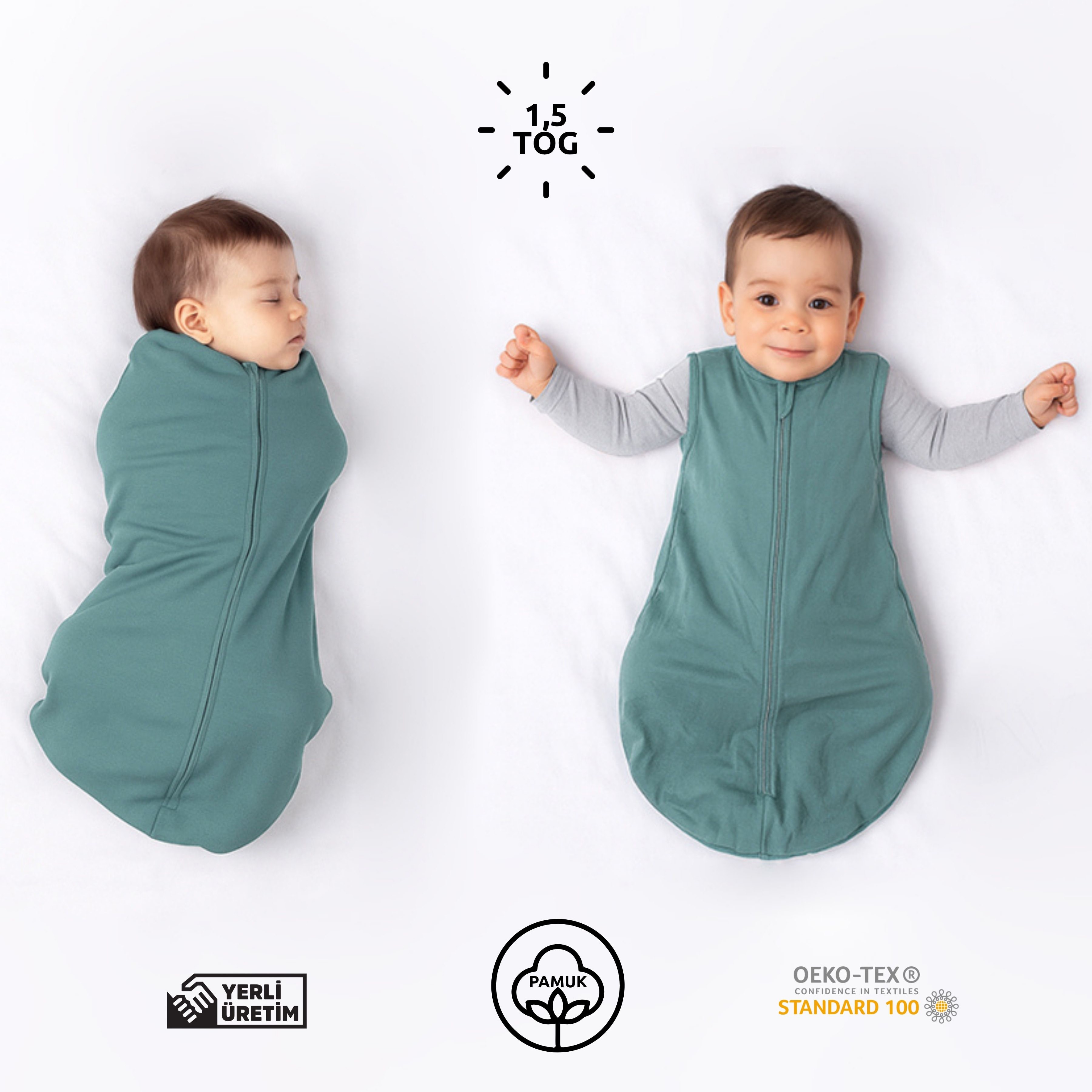 Çift Katlı Pamuk Bebek Kundak Tulum - 1,5 TOG - Mint