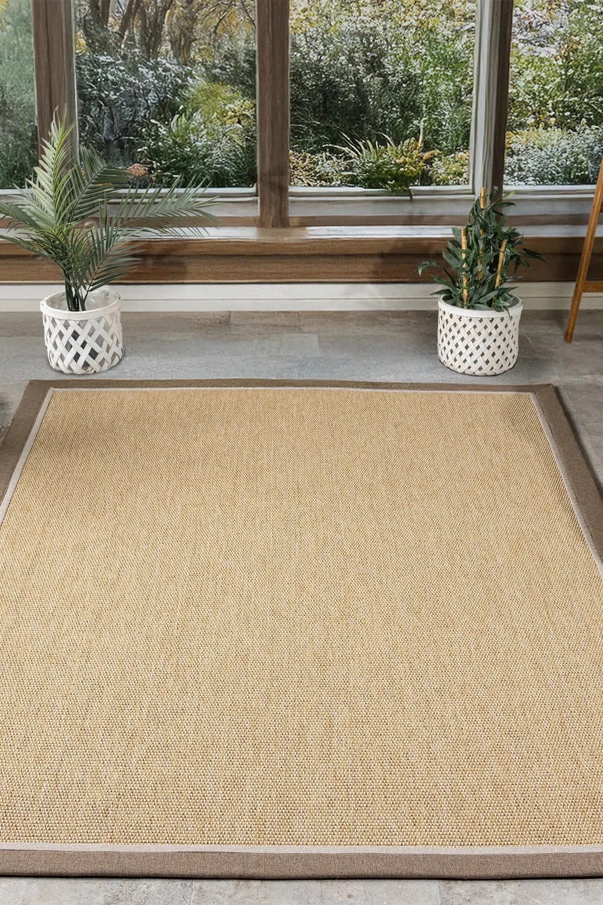 Hanlı halı sisal bej664 kahve bej bordürlü hasır dokulu kesme halı