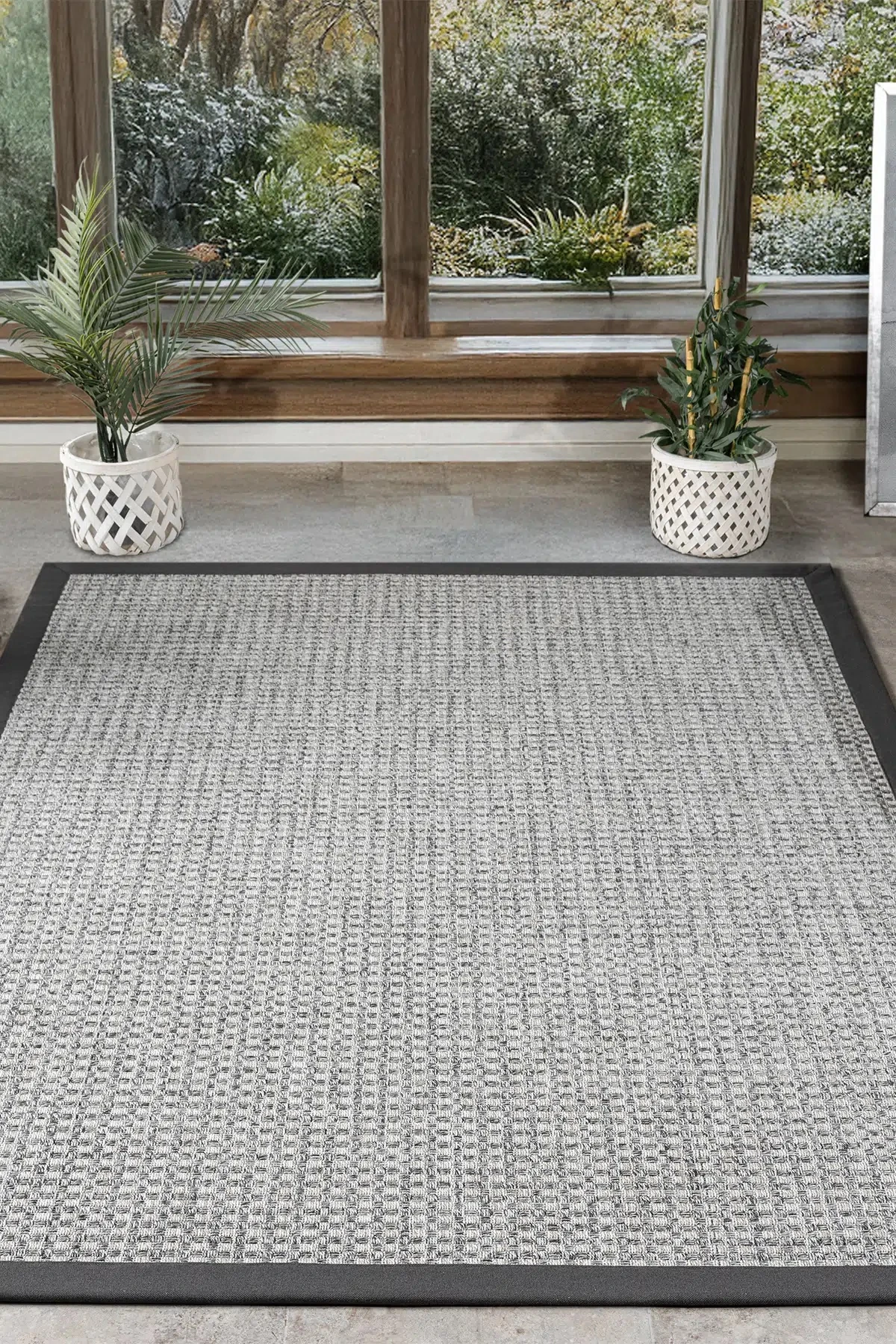 Hanlı halı sisal gri667 Antrasit bordürlü hasır dokulu kesme halı