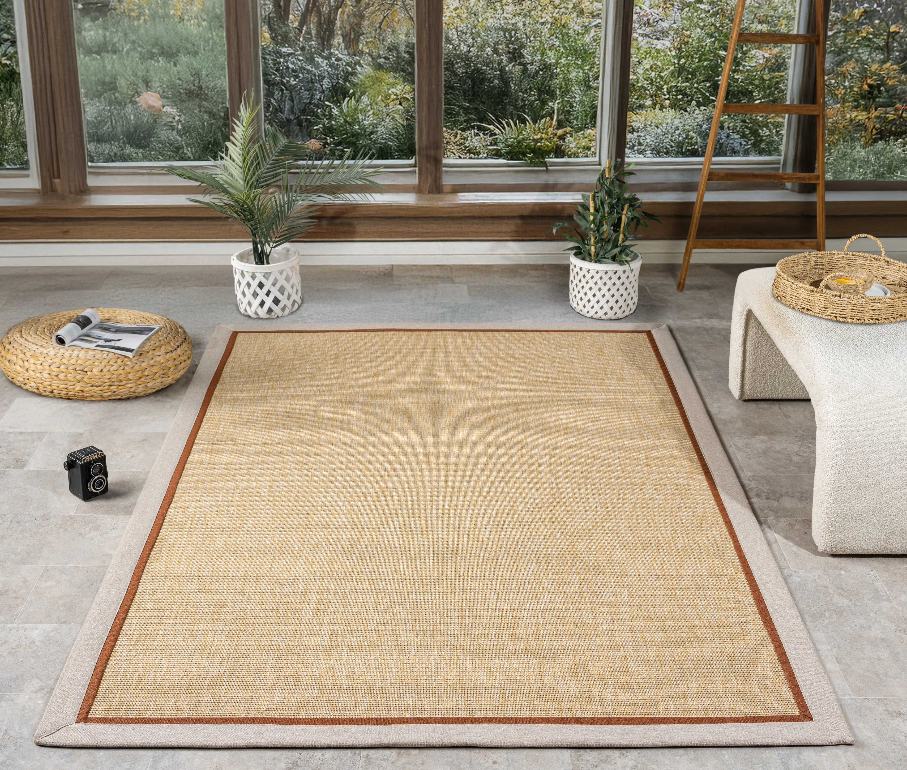 Hanlı halı sisal bej663 bej terra bordürlü hasır dokulu kesme halı