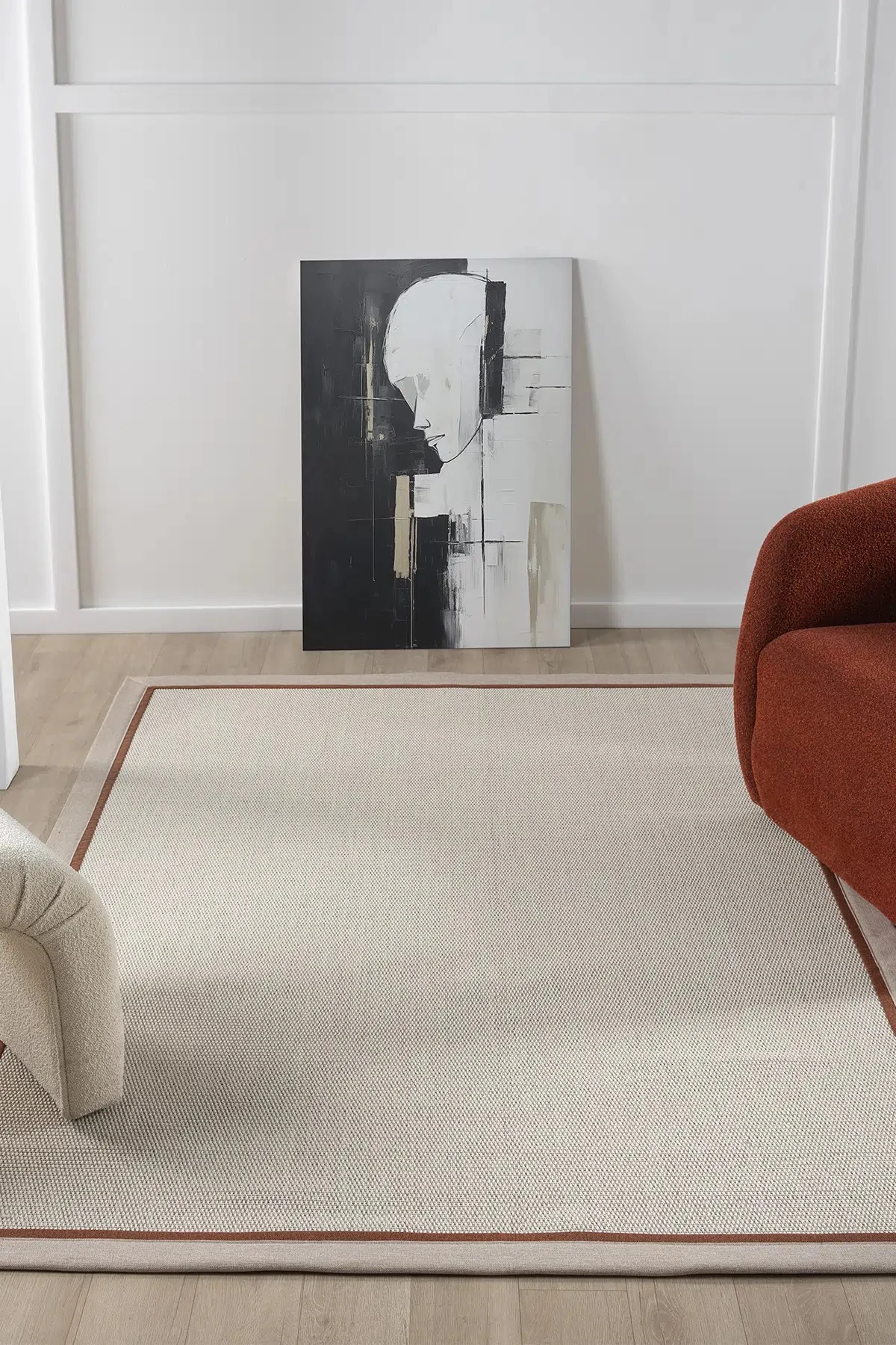 Hanlı halı sisal664 krem bej terra bordürlü hasır dokulu kesme halı