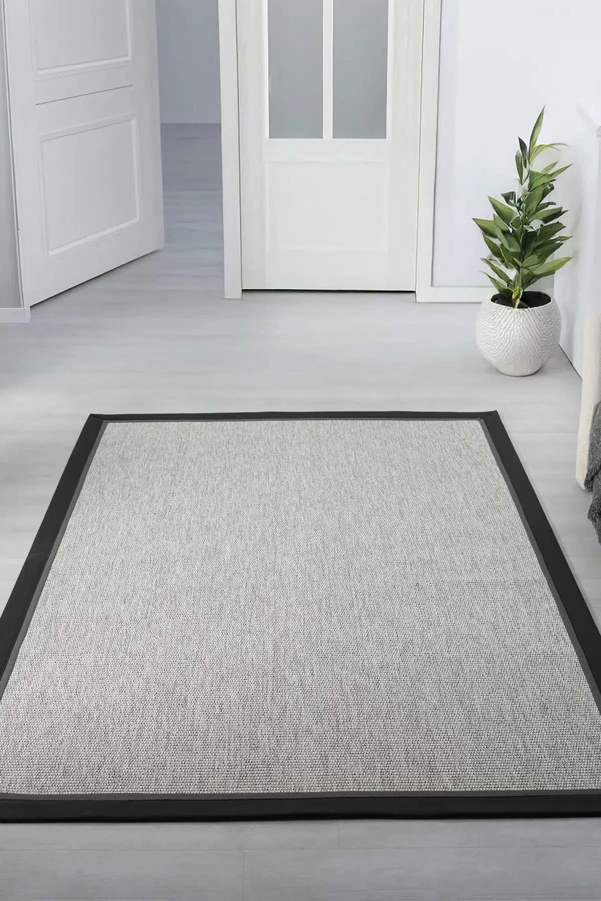 Hanlı halı sisal gri664 antrasit gri bordürlü hasır dokulu kesme halı