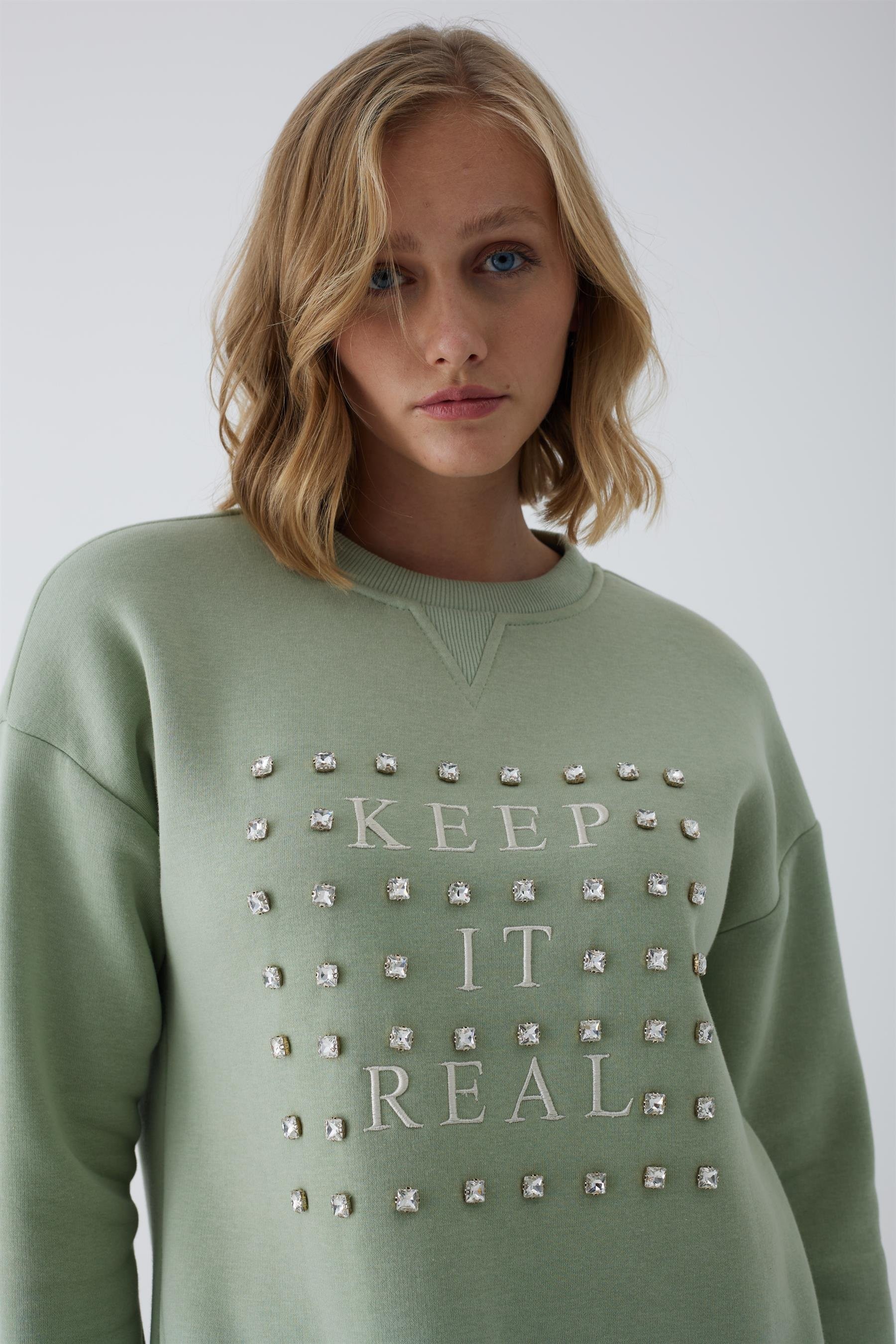 MoodBasic Taşlı Yazılı Sweatshirt 