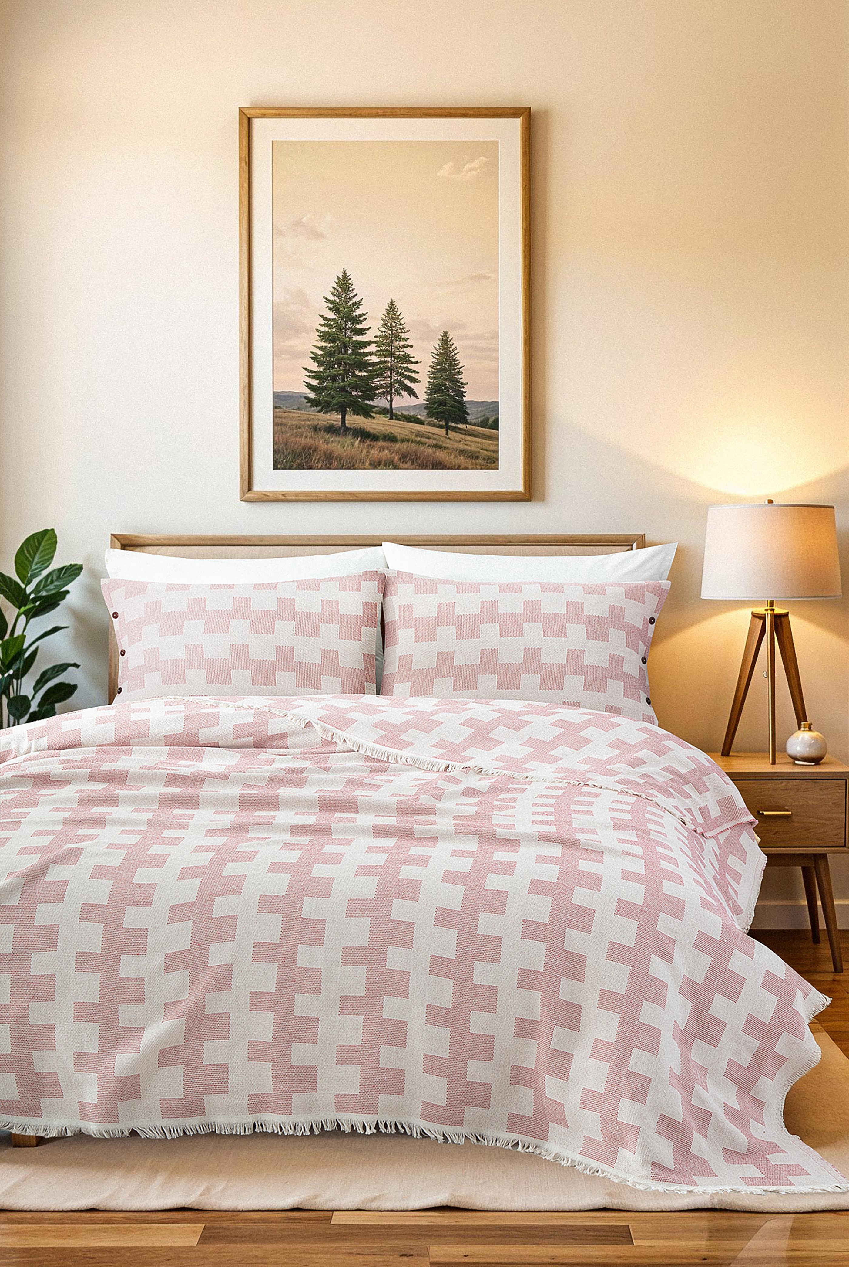 Tabu Home Geometrik Pike Yatak Örtüsü - Pembe-Ekru