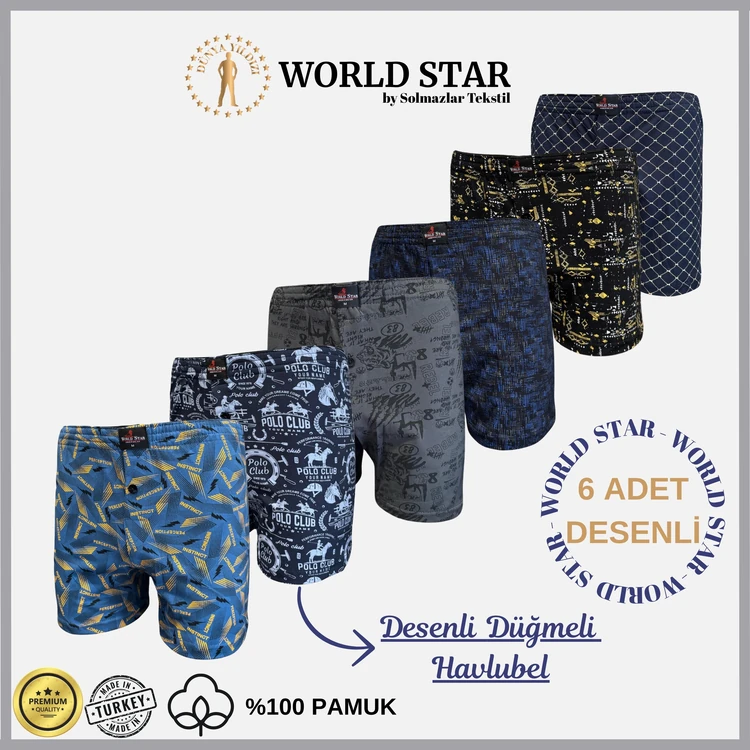 World Star 6'lı Düğmeli Havlubel Erkek Boxer – Desenli Pamuklu