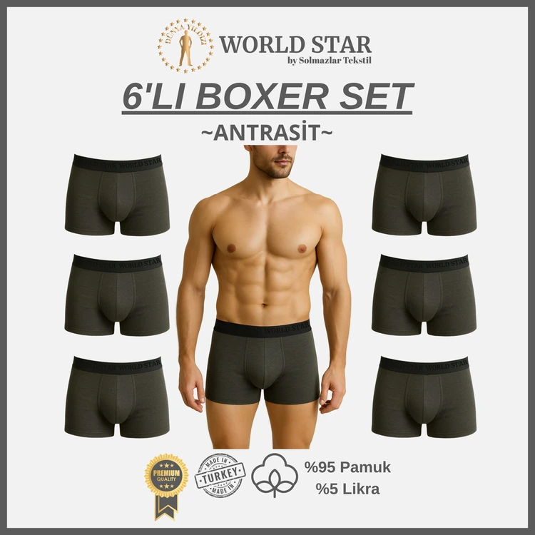 World Star 6'lı Antrasit Düz Renk Erkek Boxer – Pamuklu Ve Likralı