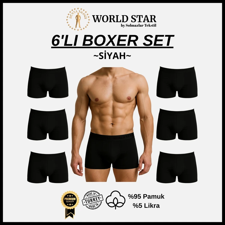 World Star 6'lı Siyah Düz Renk Erkek Boxer – Pamuklu Ve Likralı