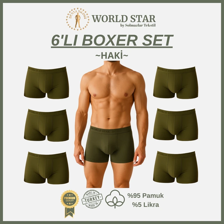 World Star 6'ı Haki Düz Renk Erkek Boxer – Pamuklu Ve Likralı