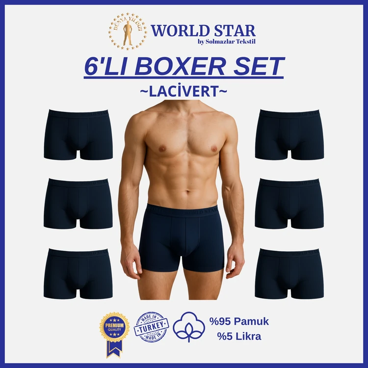 World Star 6'lı Lacivert Düz Renk Erkek Boxer – Pamuklu Ve Likralı