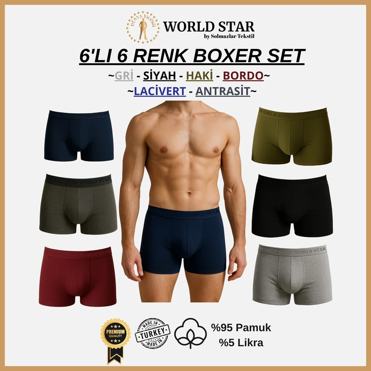World Star 6'lı Düz Renk Erkek Boxer – Karışık Renk (Siyah-Gri-Lacivert-Antrasit-Bordo-Haki)