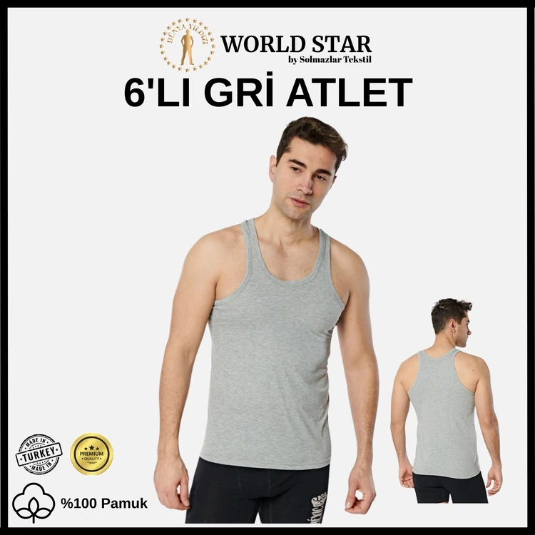 World Star 6'lı Gri Erkek Atlet – Pamuklu Penye