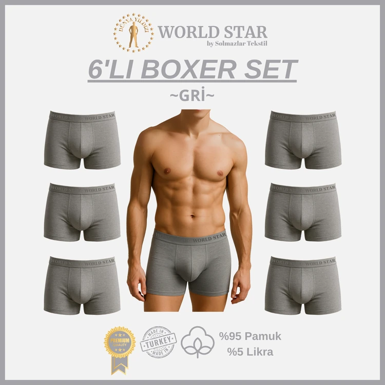World Star 6'lı Gri Düz Renk Erkek Boxer – Pamuklu Ve Likralı