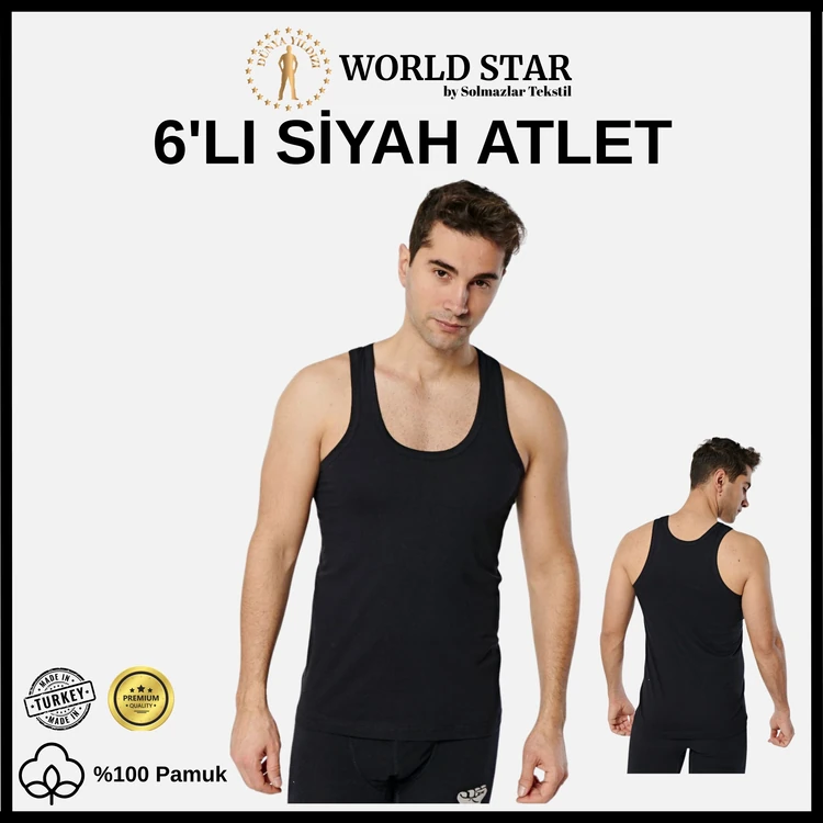 World Star 6'lı Siyah Erkek Atlet – Pamuklu Penye