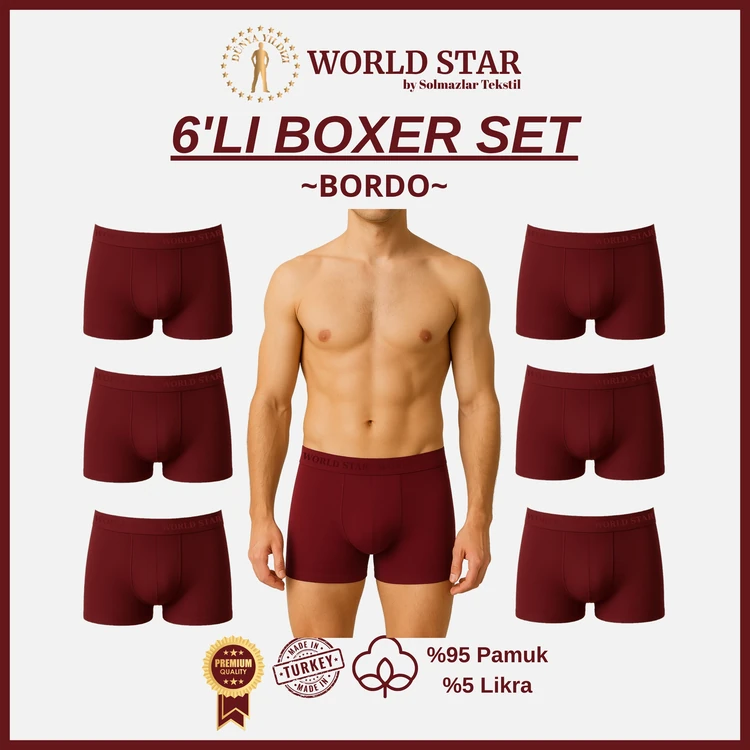 World Star 6'lı Bordo Düz Renk Erkek Boxer – Pamuklu Ve Likralı
